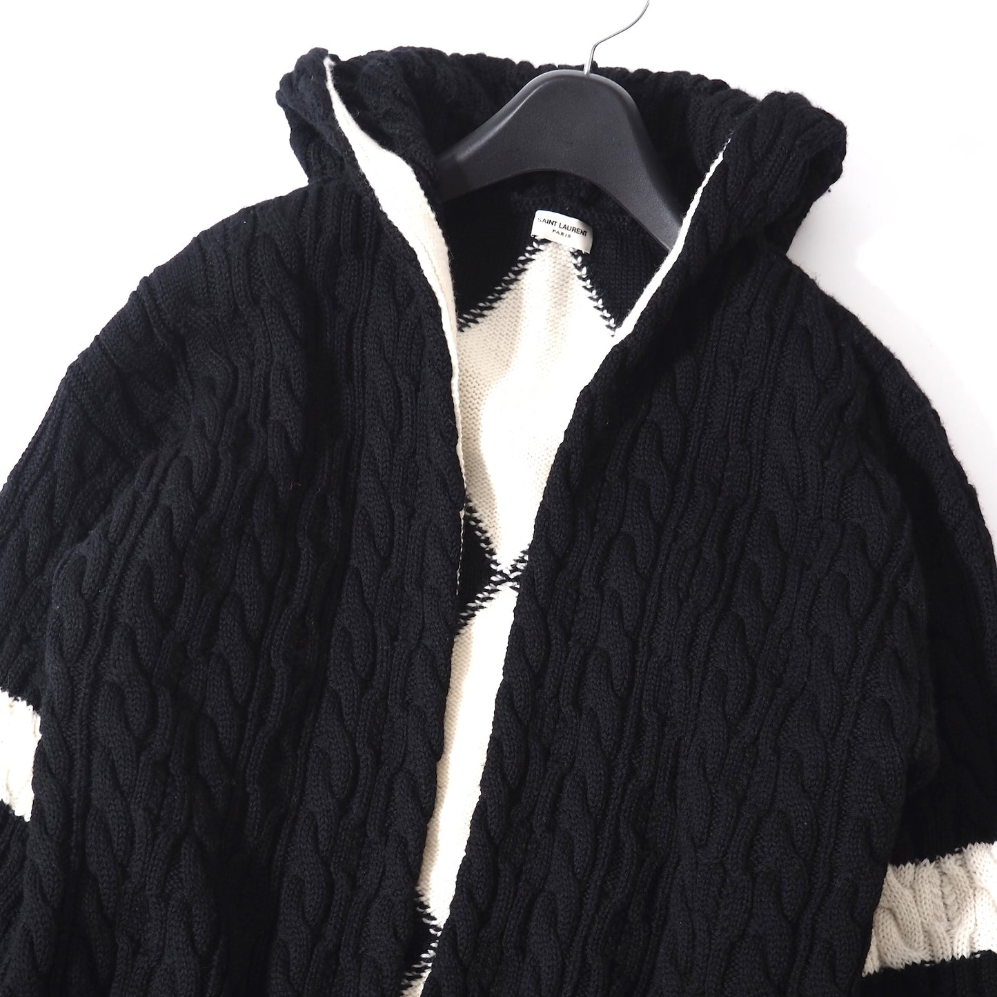 美品 サンローランパリ SAINT LAURENT PARIS ニット フーデッド カーディガン XL ホワイト ブラック メンズ 正規品 5-YG007