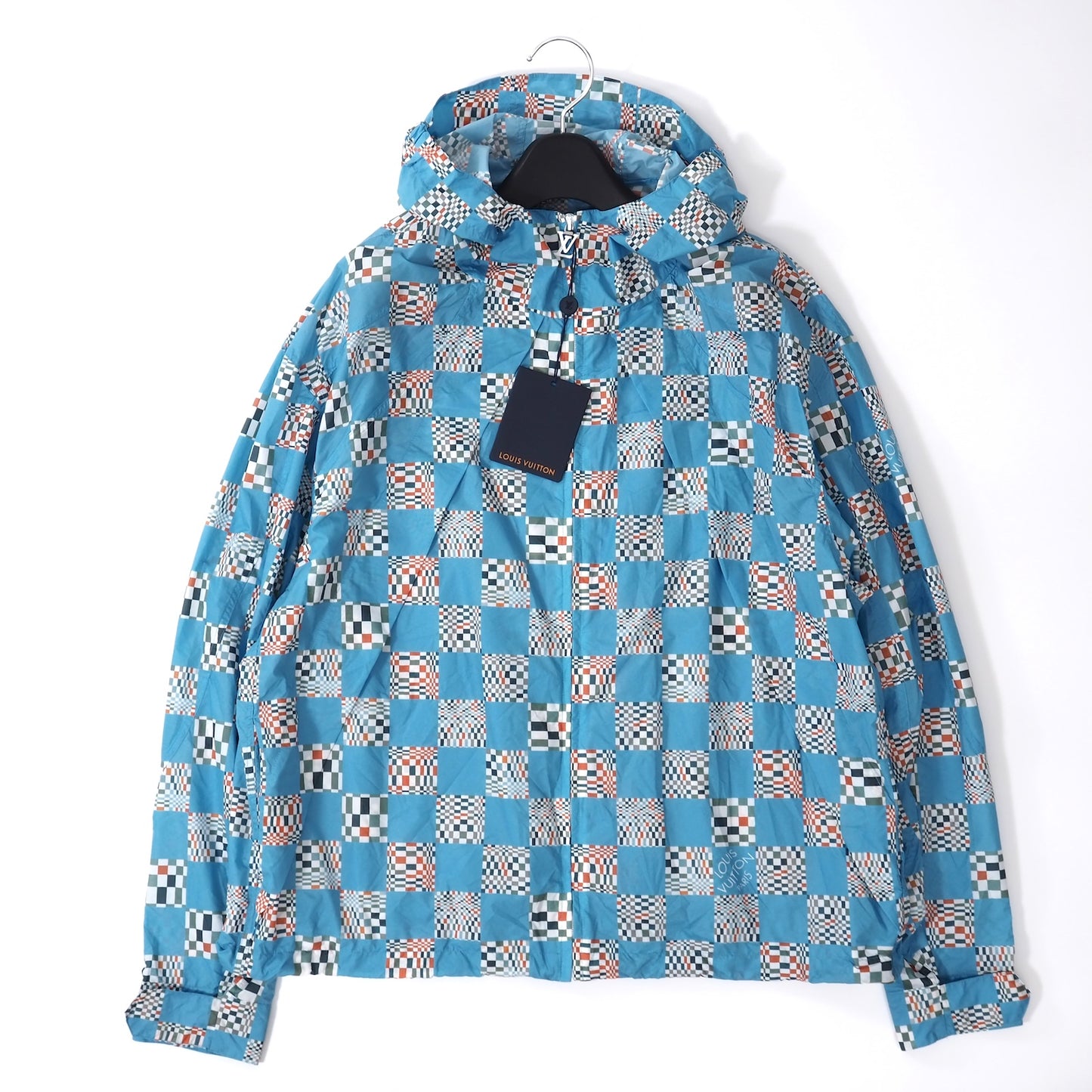 極美品 ルイヴィトン Louis Vuitton 21SS 総柄 ダミエチェッカー パラシュート ジャケット パーカー 48 ブルー メンズ 正規品 5-YG008