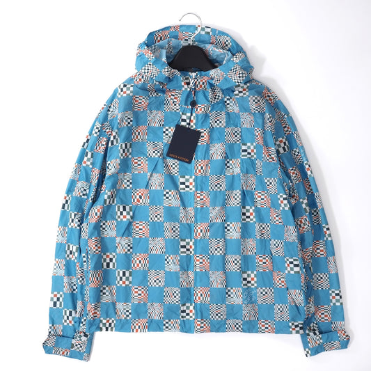 極美品 ルイヴィトン Louis Vuitton 21SS 総柄 ダミエチェッカー パラシュート ジャケット パーカー 48 ブルー メンズ 正規品 5-YG008