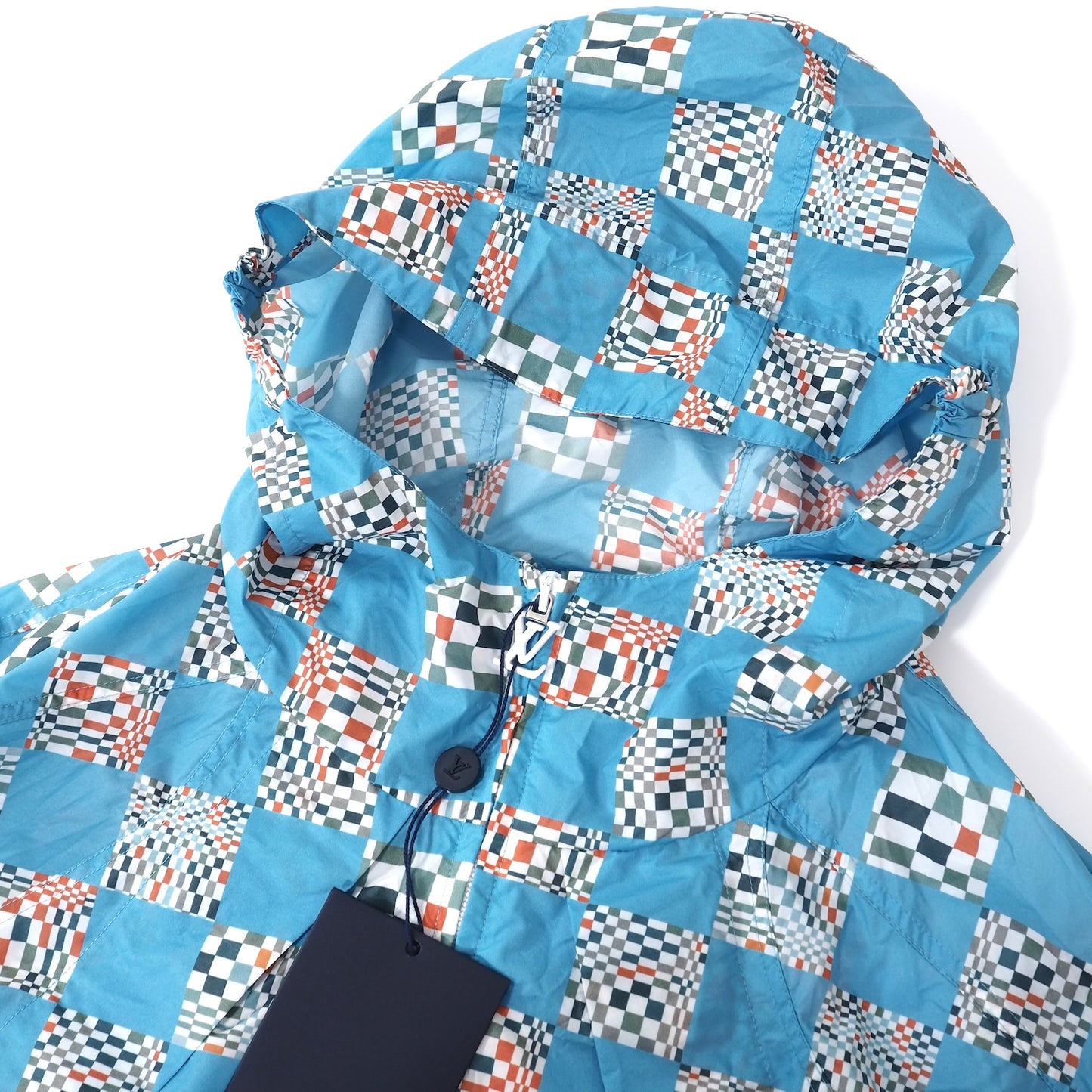 極美品 ルイヴィトン Louis Vuitton 21SS 総柄 ダミエチェッカー パラシュート ジャケット パーカー 48 ブルー メンズ 正規品 5-YG008