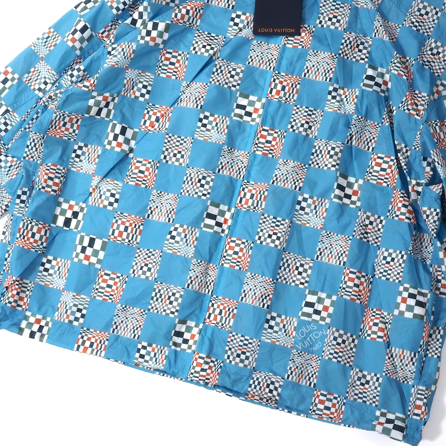 極美品 ルイヴィトン Louis Vuitton 21SS 総柄 ダミエチェッカー パラシュート ジャケット パーカー 48 ブルー メンズ 正規品 5-YG008