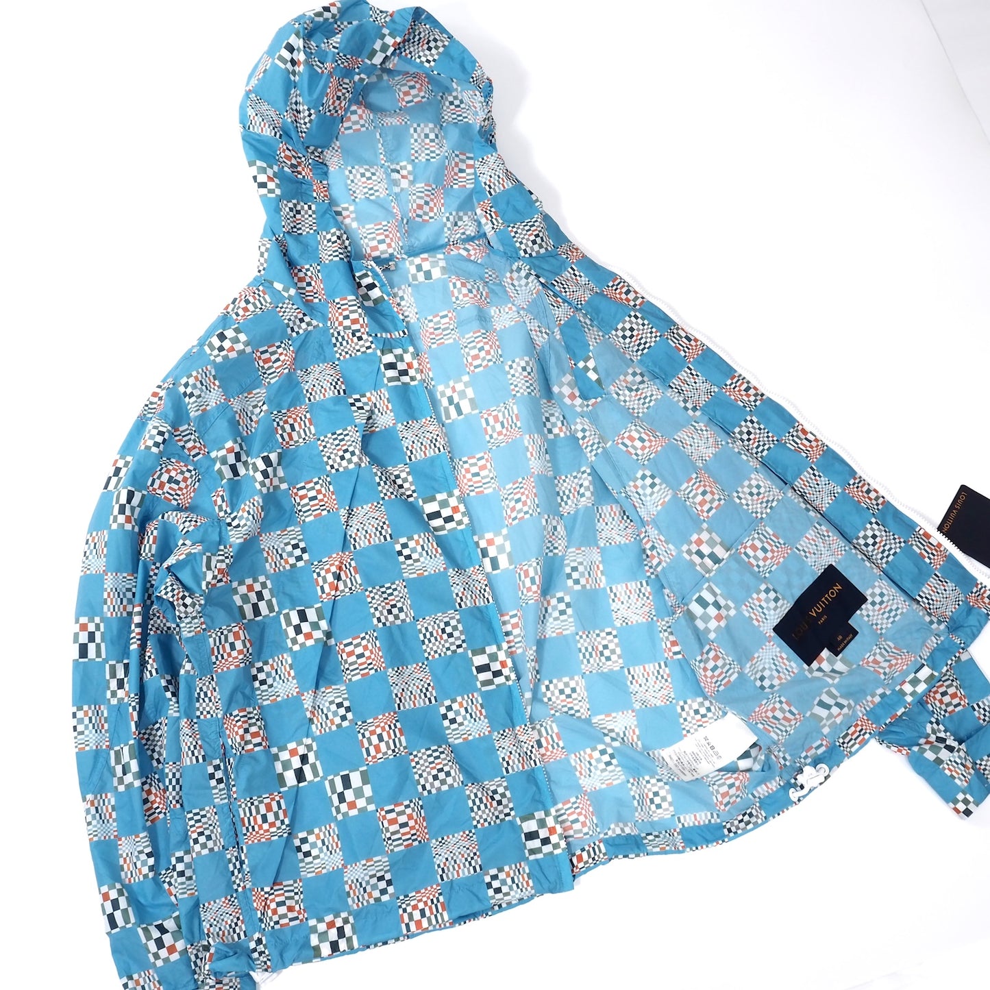 極美品 ルイヴィトン Louis Vuitton 21SS 総柄 ダミエチェッカー パラシュート ジャケット パーカー 48 ブルー メンズ 正規品 5-YG008