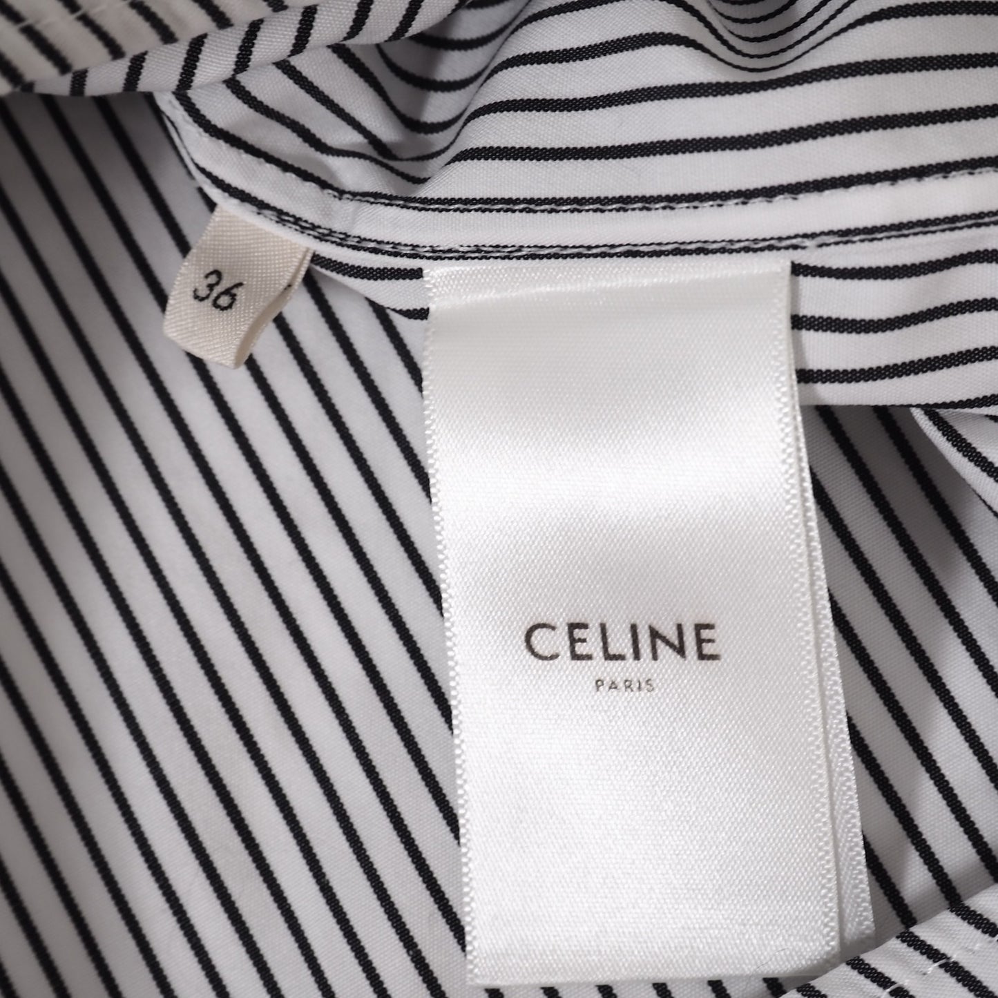 美品 セリーヌ CELINE 現行 フリル 長袖 ブラウス シャツ 36 ホワイト ブラック ストライプ レディース 正規品 5-YG011