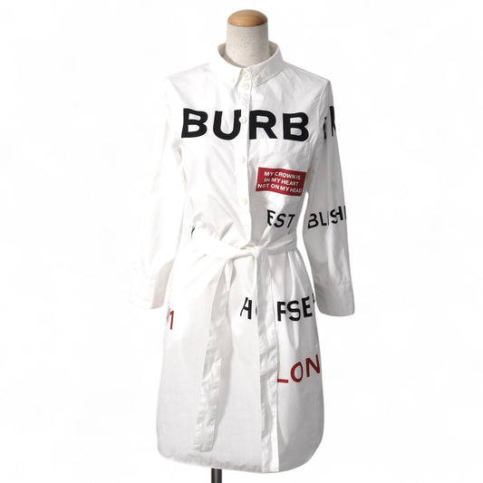 良品 バーバリー BURBERRY コットン ホースフェリー ベルト付 シャツ ワンピース 38 ホワイト レディース 正規品 5-YG020