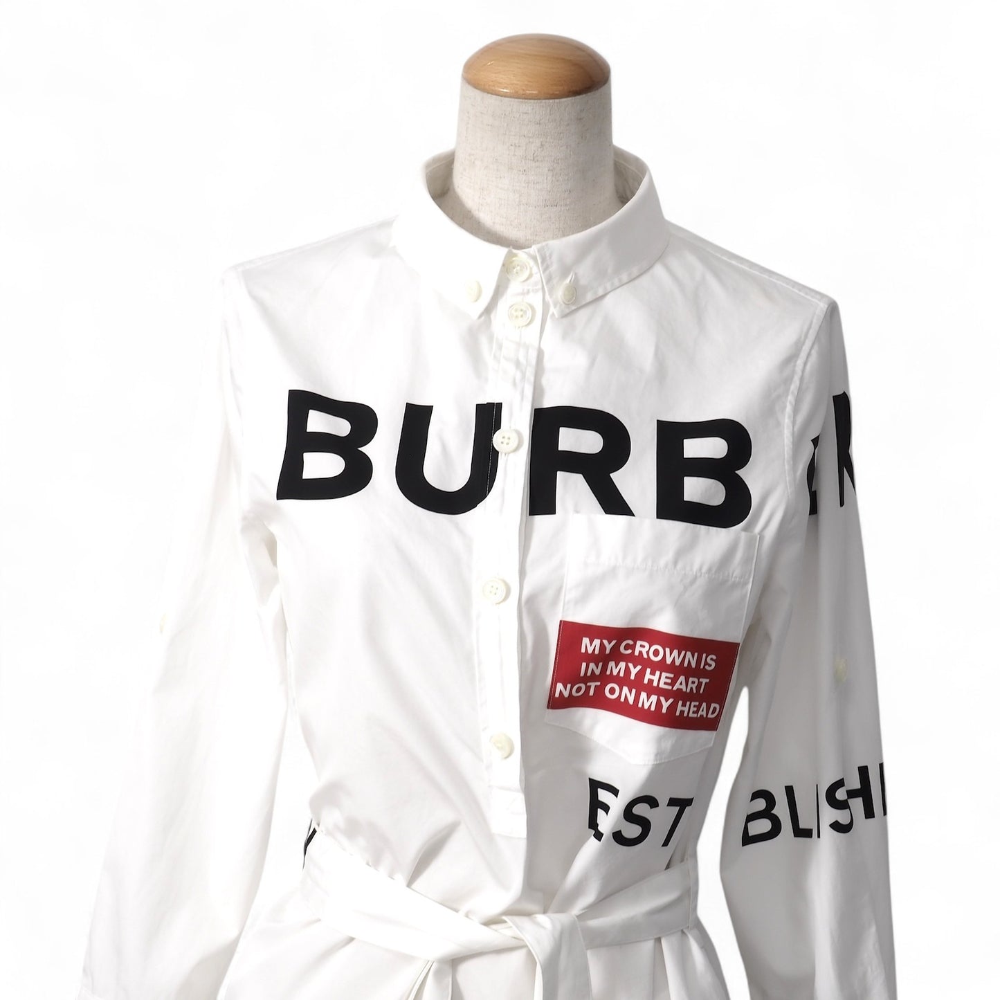 良品 バーバリー BURBERRY コットン ホースフェリー ベルト付 シャツ ワンピース 38 ホワイト レディース 正規品 5-YG020