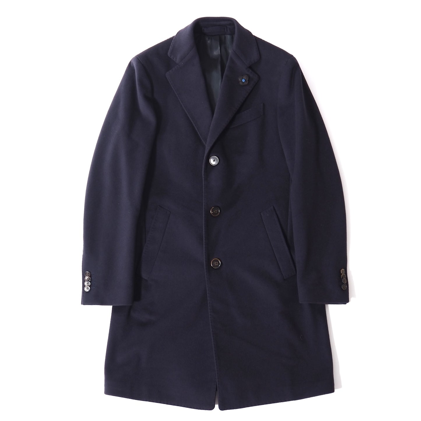 美品 ラルディーニ LARDINI ウール カシミヤ ブートニエール付 チェスターコート 46 ダークネイビー メンズ 正規品 5-YH002