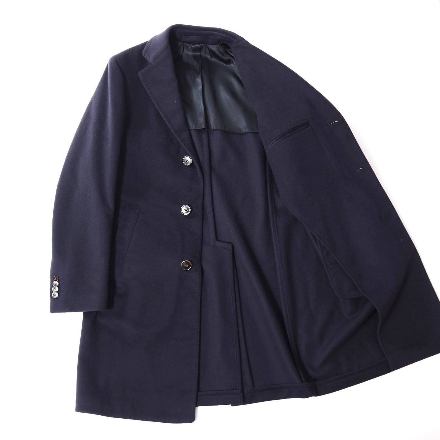 美品 ラルディーニ LARDINI ウール カシミヤ ブートニエール付 チェスターコート 46 ダークネイビー メンズ 正規品 5-YH002