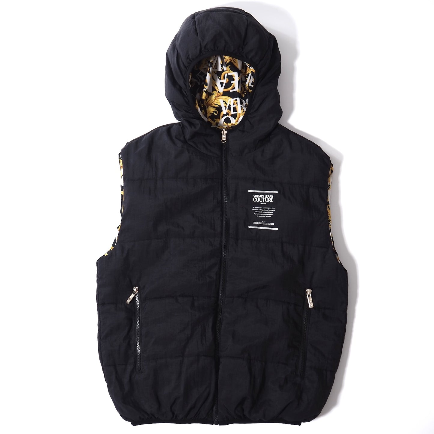 美品 ヴェルサーチ ジーンズ クチュール VERSACE JEANS COUTURE リバーシブル 中綿 ベスト ジャケット M ブラック イエロー メンズ 正規品 5-YH005
