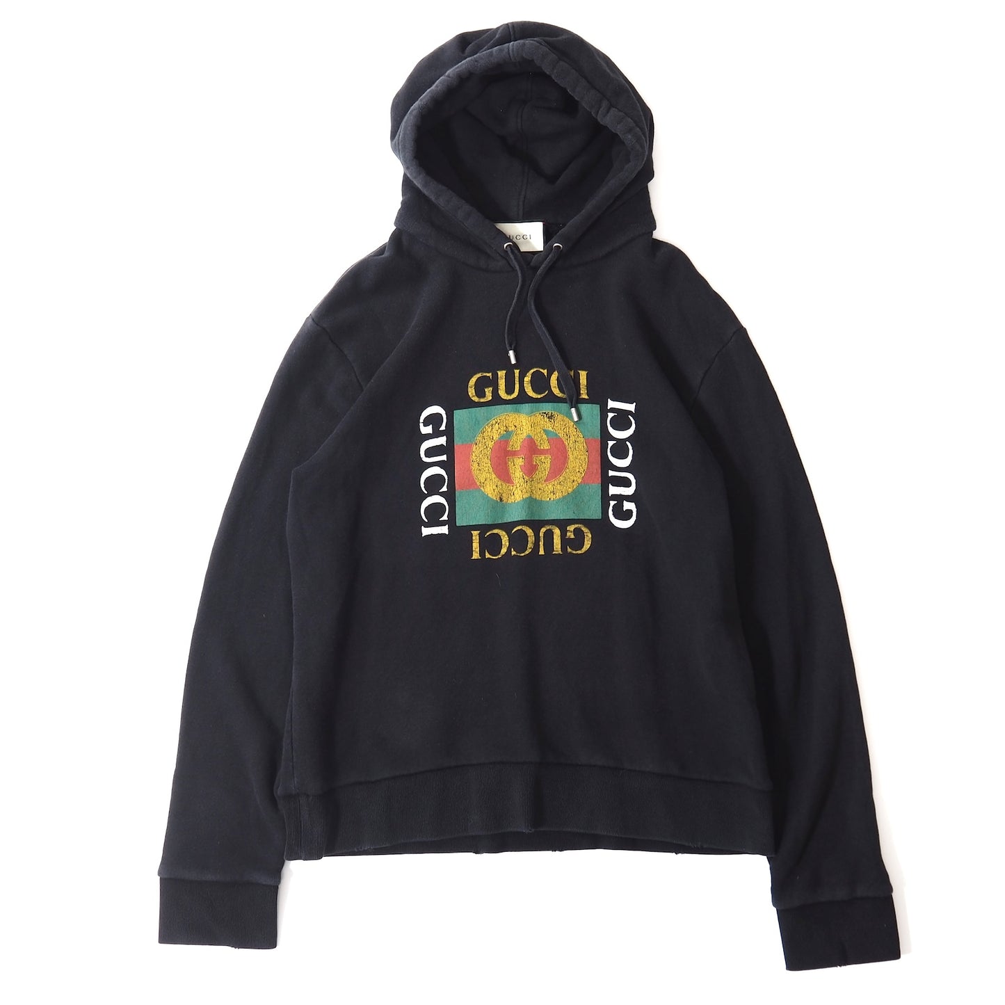 グッチ GUCCI ヴィンテージ加工 ロゴプリント パーカー XL ブラック メンズ 正規品 5-YI003