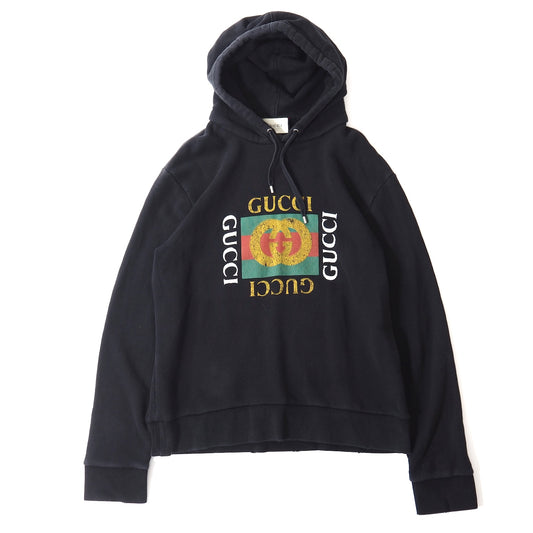 グッチ GUCCI ヴィンテージ加工 ロゴプリント パーカー XL ブラック メンズ 正規品 5-YI003