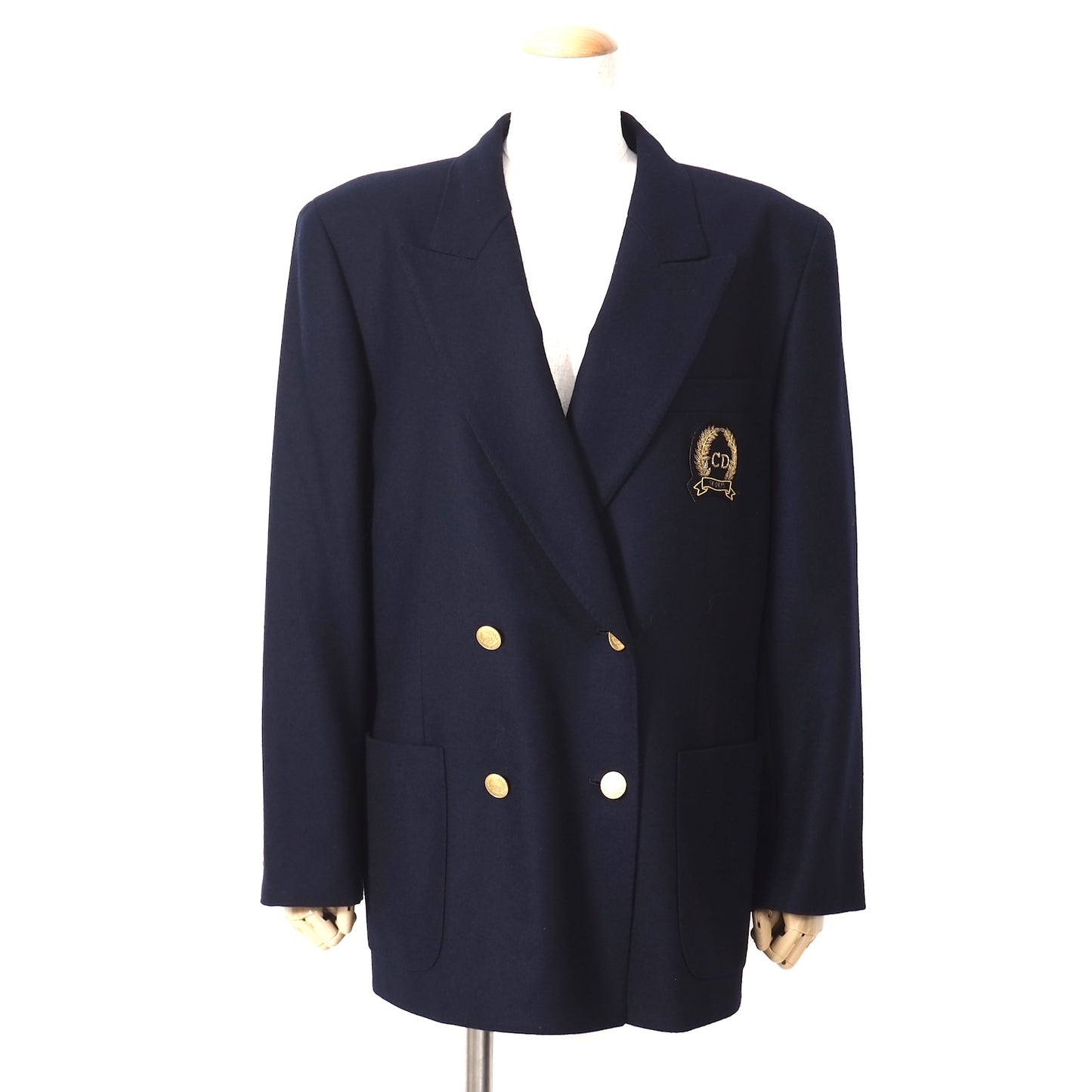美品 クリスチャンディオール Christian Dior ヴィンテージ ウール 金ボタンワッペン ダブルブレスト ジャケット LL ネイビー レディース 正規品 5-YK002