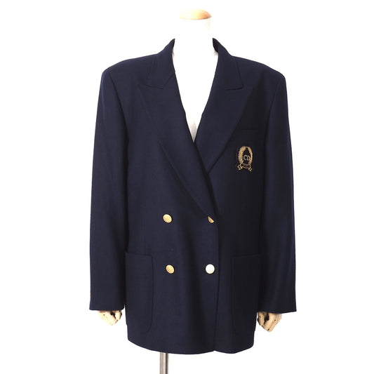 美品 クリスチャンディオール Christian Dior ヴィンテージ ウール 金ボタンワッペン ダブルブレスト ジャケット LL ネイビー レディース 正規品 5-YK002