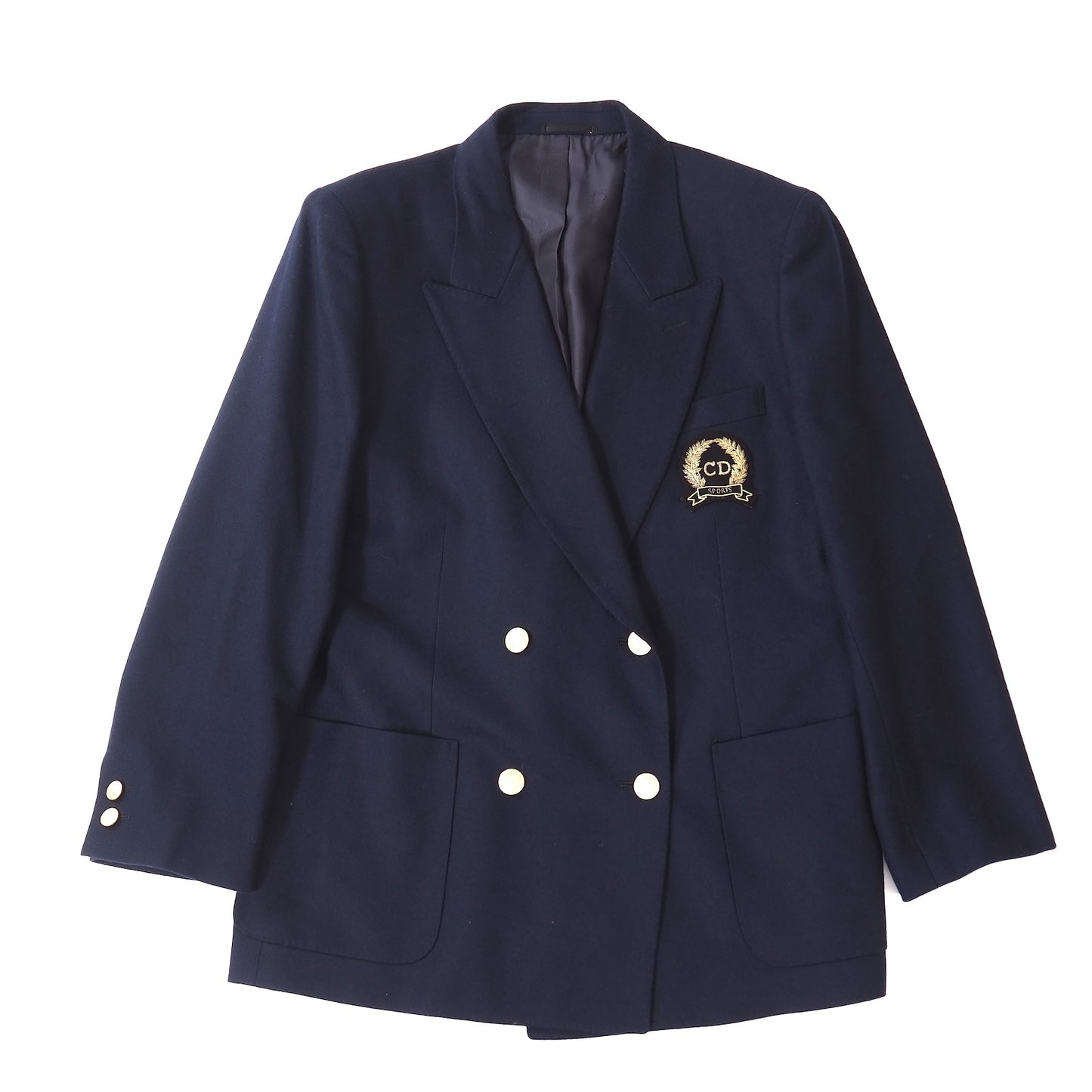 美品 クリスチャンディオール Christian Dior ヴィンテージ ウール 金ボタンワッペン ダブルブレスト ジャケット LL ネイビー レディース 正規品 5-YK002