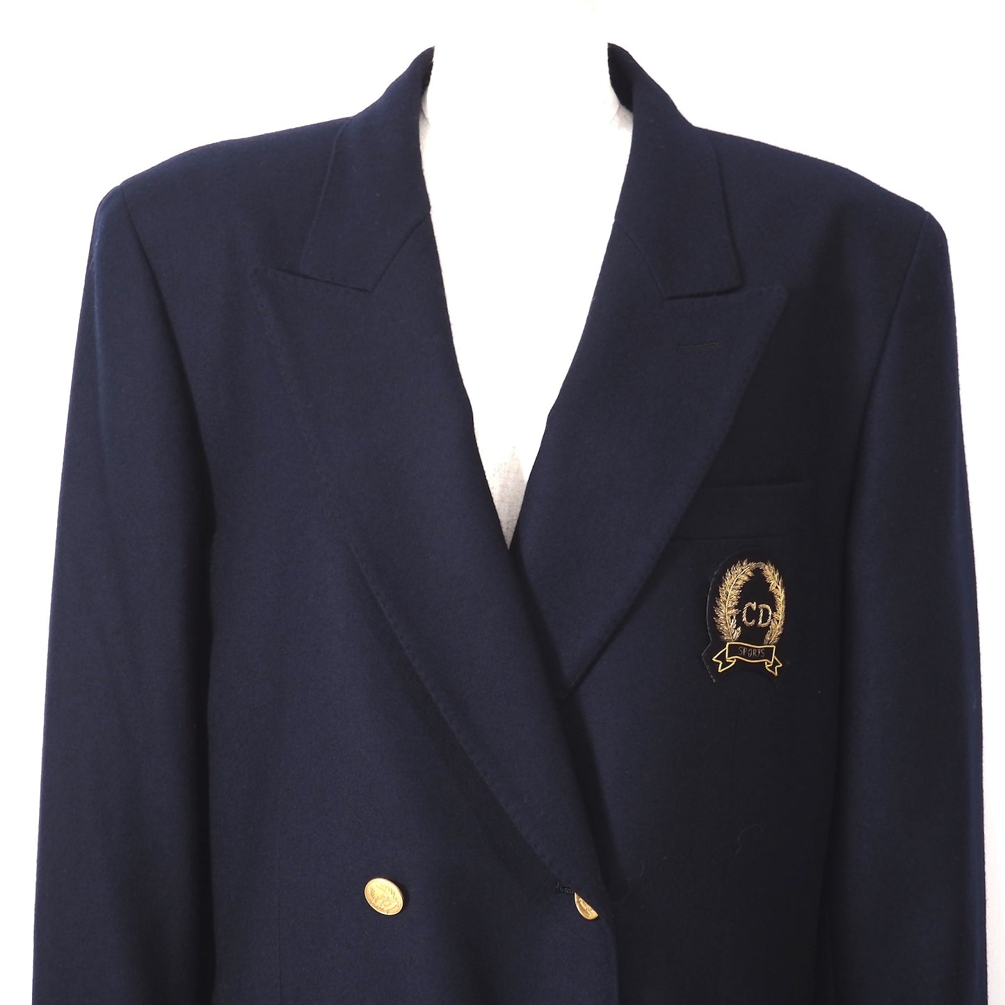 美品 クリスチャンディオール Christian Dior ヴィンテージ ウール 金ボタンワッペン ダブルブレスト ジャケット LL ネイビー レディース 正規品 5-YK002