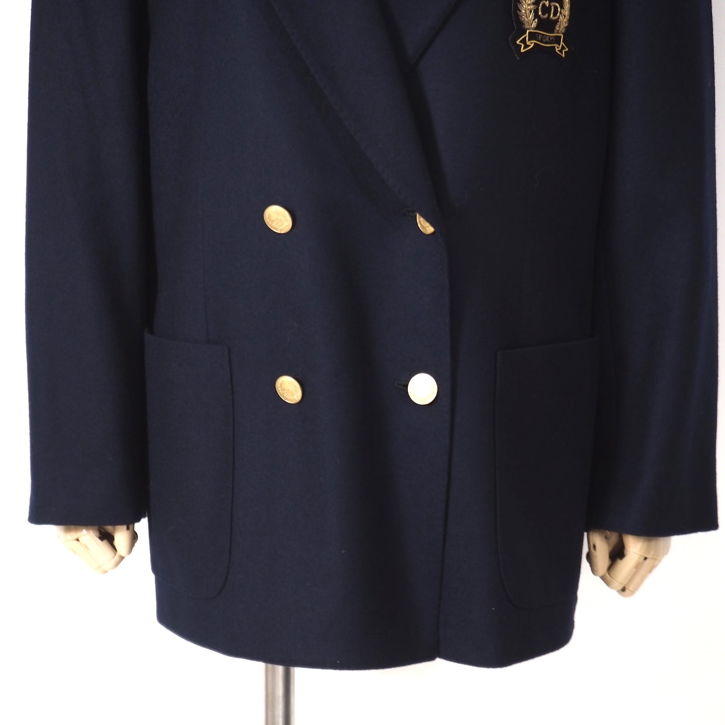 美品 クリスチャンディオール Christian Dior ヴィンテージ ウール 金ボタンワッペン ダブルブレスト ジャケット LL ネイビー レディース 正規品 5-YK002