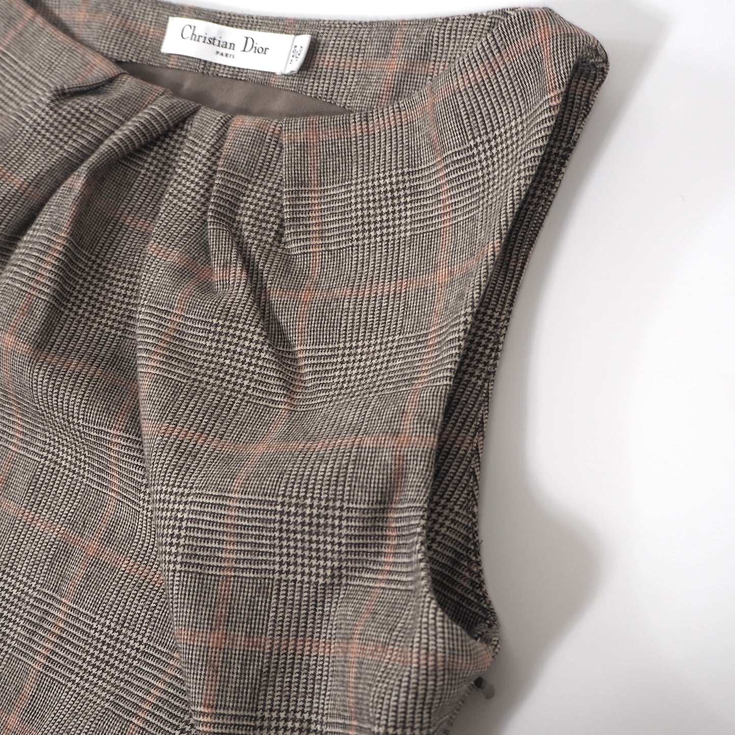 美品 クリスチャンディオール Christian Dior ノースリーブ ワンピース 40 ブラウン チェック レディース 正規品 5-YL007