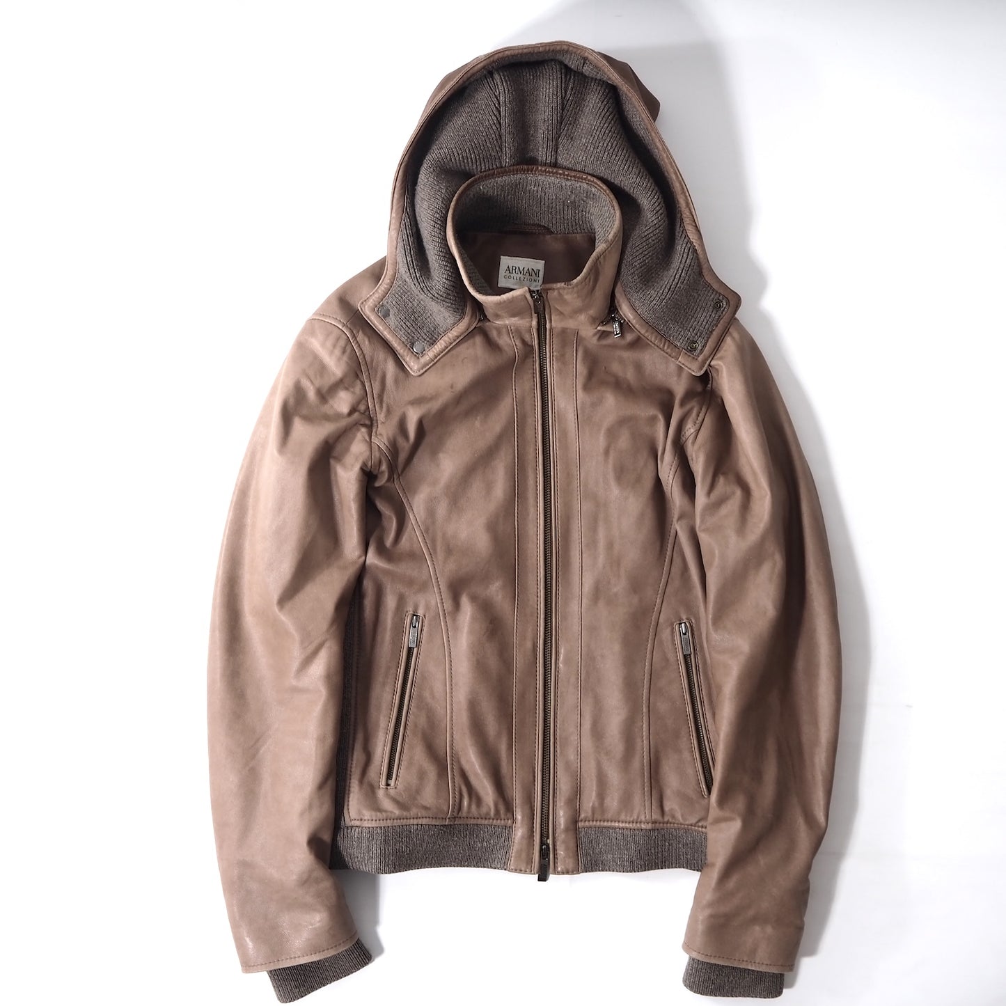 アルマーニコレツィオーニ ARMANI COLLEZIONI イタリア製 ラムスキン フーデッド レザージャケット 48 ブラウン メンズ 正規品 5-ZD006