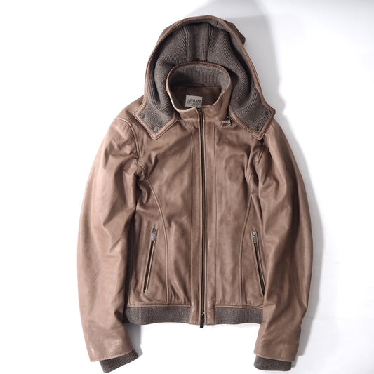 アルマーニコレツィオーニ ARMANI COLLEZIONI イタリア製 ラムスキン フーデッド レザージャケット 48 ブラウン メンズ 正規品 5-ZD006
