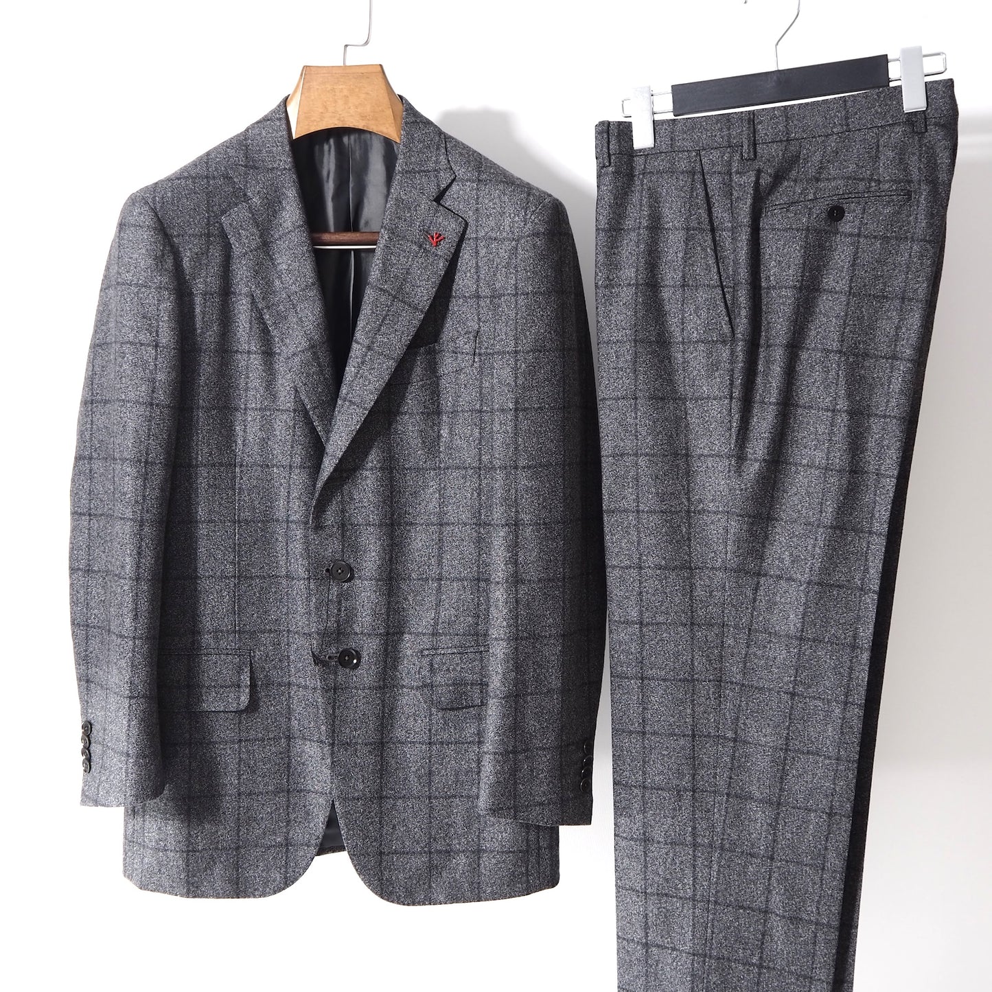 極美品 イザイア ISAIA イタリア製 ラペルピン付 ウール スーツ セットアップ 46 グレー チェック メンズ 正規品 5-ZD014