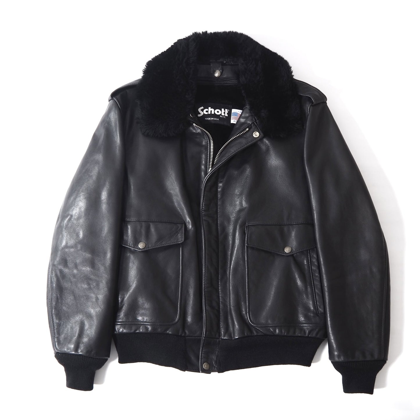 美品 ショット Schott 184sm USA製 近年モデル 襟付き ボアライナー レザー フライトジャケット 40 ブラック メンズ 正規品 5-ZD019