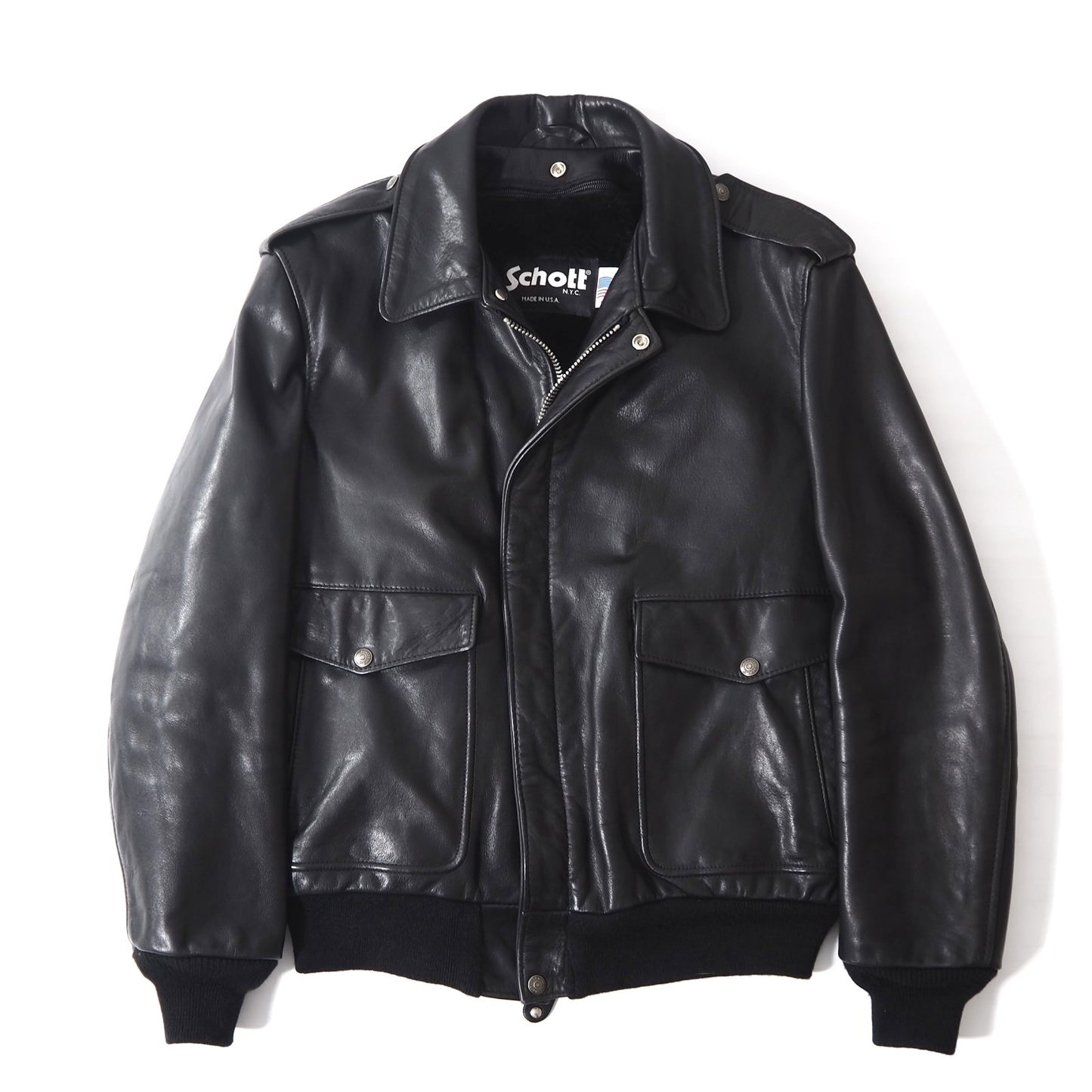 美品 ショット Schott 184sm USA製 近年モデル 襟付き ボアライナー レザー フライトジャケット 40 ブラック メンズ 正規品 5-ZD019