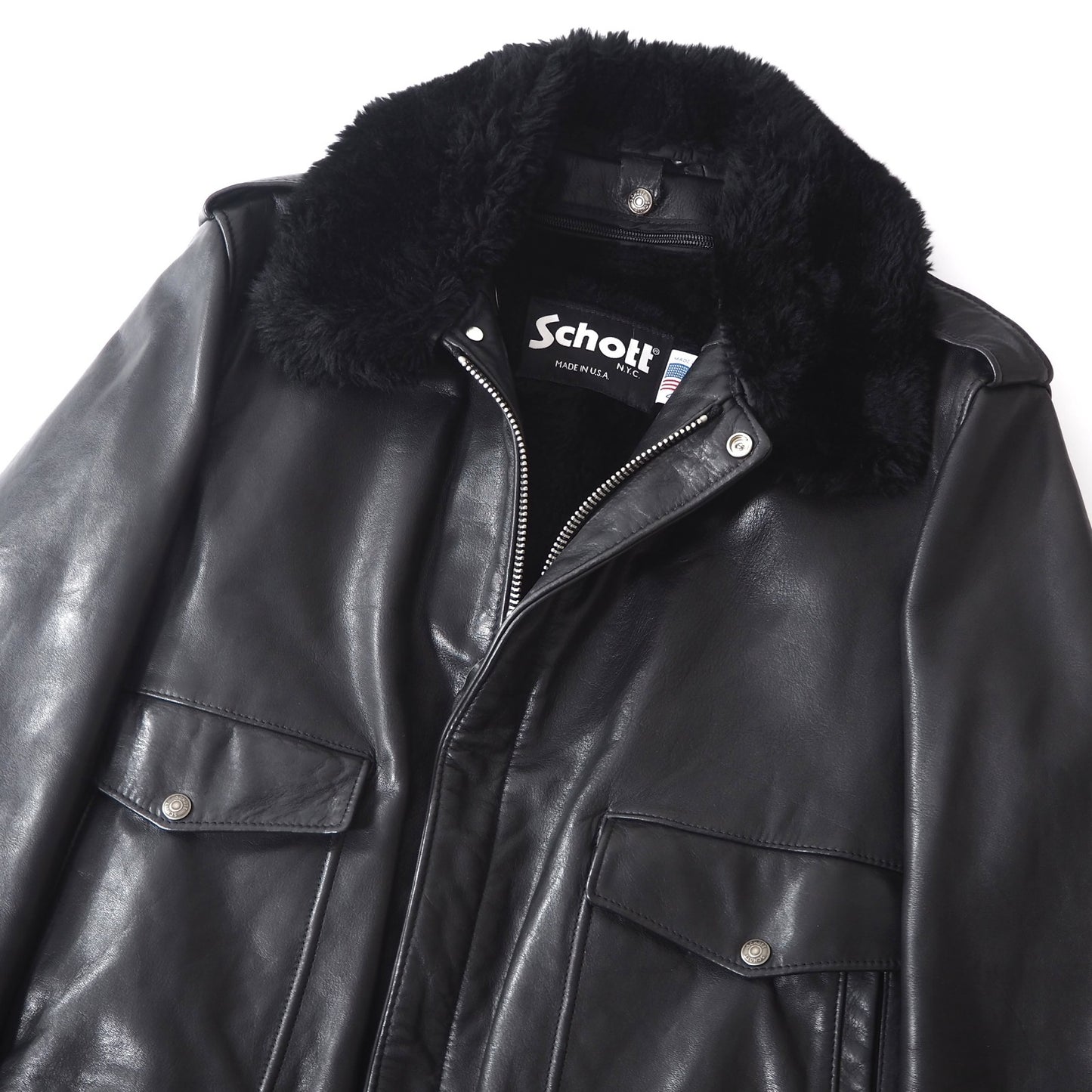 美品 ショット Schott 184sm USA製 近年モデル 襟付き ボアライナー レザー フライトジャケット 40 ブラック メンズ 正規品 5-ZD019