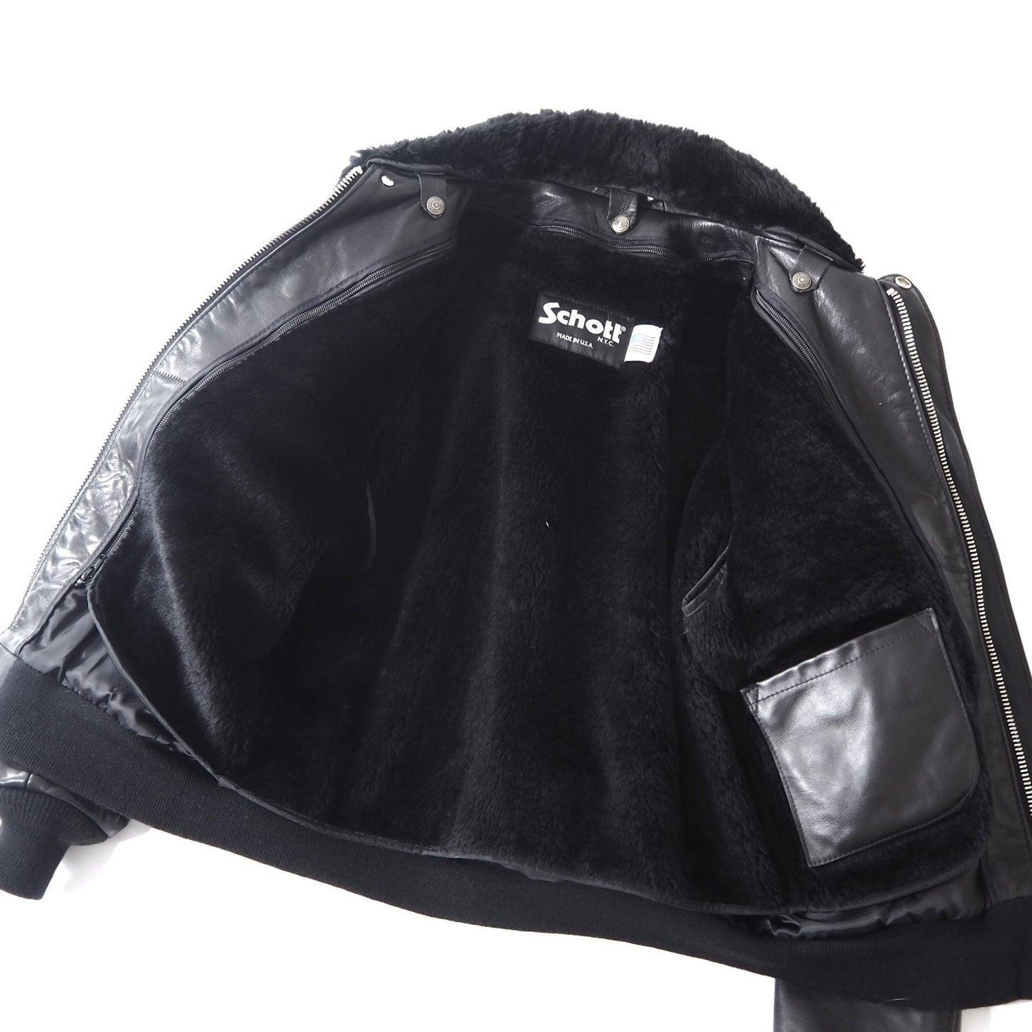 美品 ショット Schott 184sm USA製 近年モデル 襟付き ボアライナー レザー フライトジャケット 40 ブラック メンズ 正規品 5-ZD019