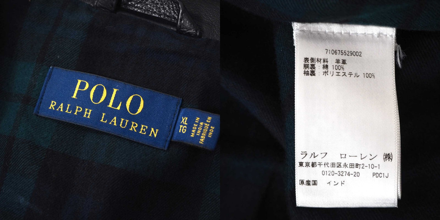 POLO RALPH LAUREN ポロラルフローレン スタンドカラー ラムレザー ジャケット 裏地チェック XL ブラック メンズ 正規品 5-ZD023