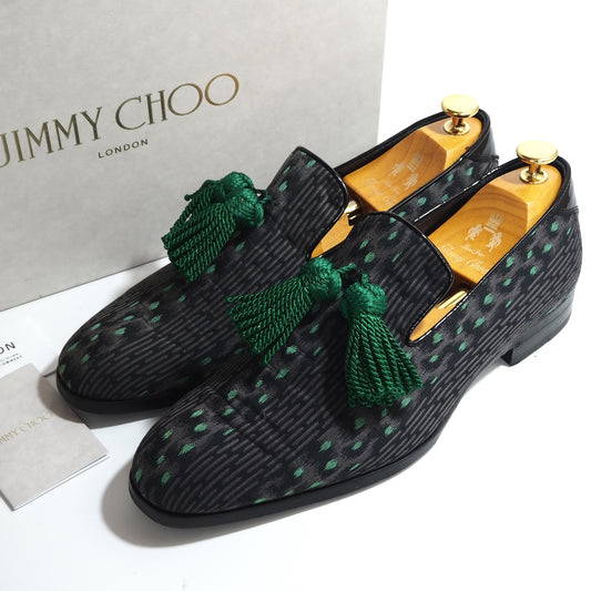 ジミーチュウ JIMMY CHOO 総柄 タッセルローファー 42 27cm相当 グレー グリーン メンズ 正規品 5-ZE034