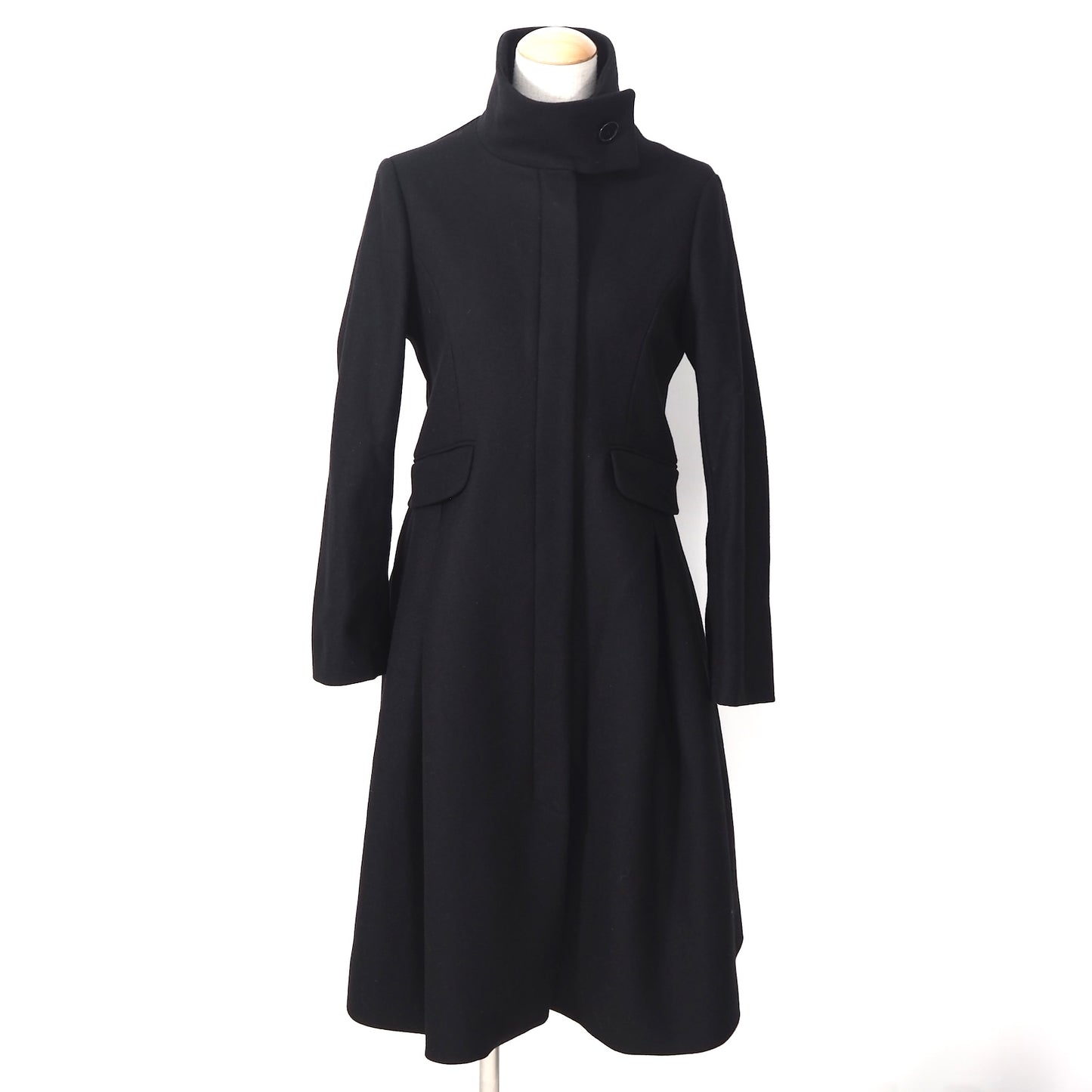 美品 エンポリオアルマーニ EMPORIO ARMANI ウール スタンドカラー フレア ロングコート 38 ブラック レディース 正規品 5-ZF006