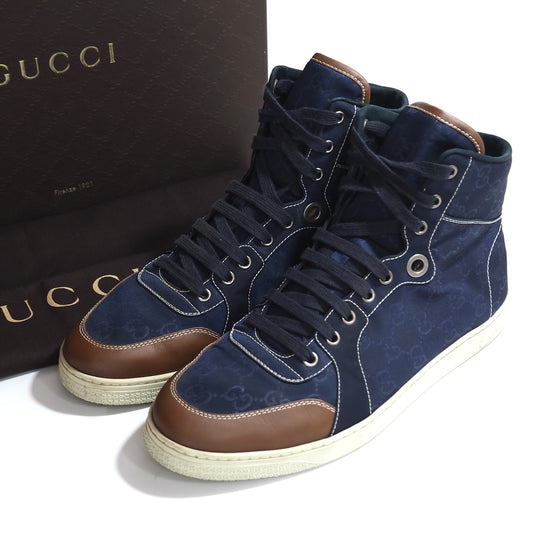 良品 グッチ GUCCI イタリア製 GG柄 キャンバスxレザー ハイカット スニーカー 8 26-26.5cm相当 ネイビー メンズ 正規品 5-ZF064