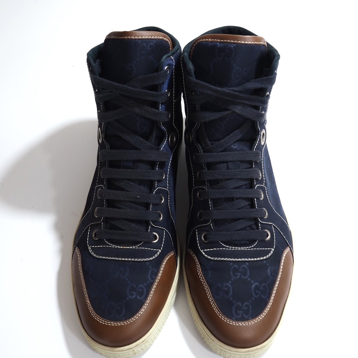 良品 グッチ GUCCI イタリア製 GG柄 キャンバスxレザー ハイカット スニーカー 8 26-26.5cm相当 ネイビー メンズ 正規品 5-ZF064