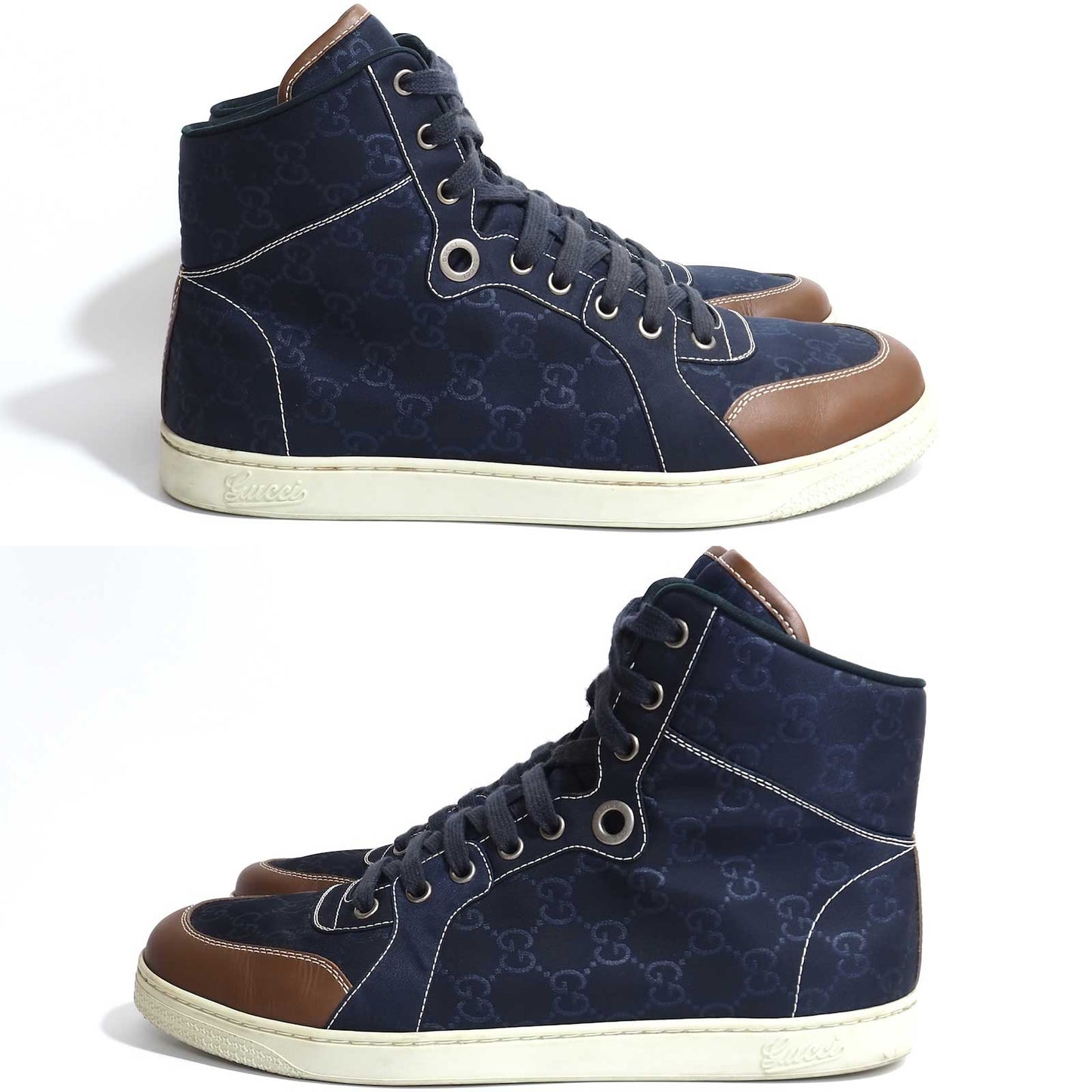良品 グッチ GUCCI イタリア製 GG柄 キャンバスxレザー ハイカット スニーカー 8 26-26.5cm相当 ネイビー メンズ 正規品 5-ZF064