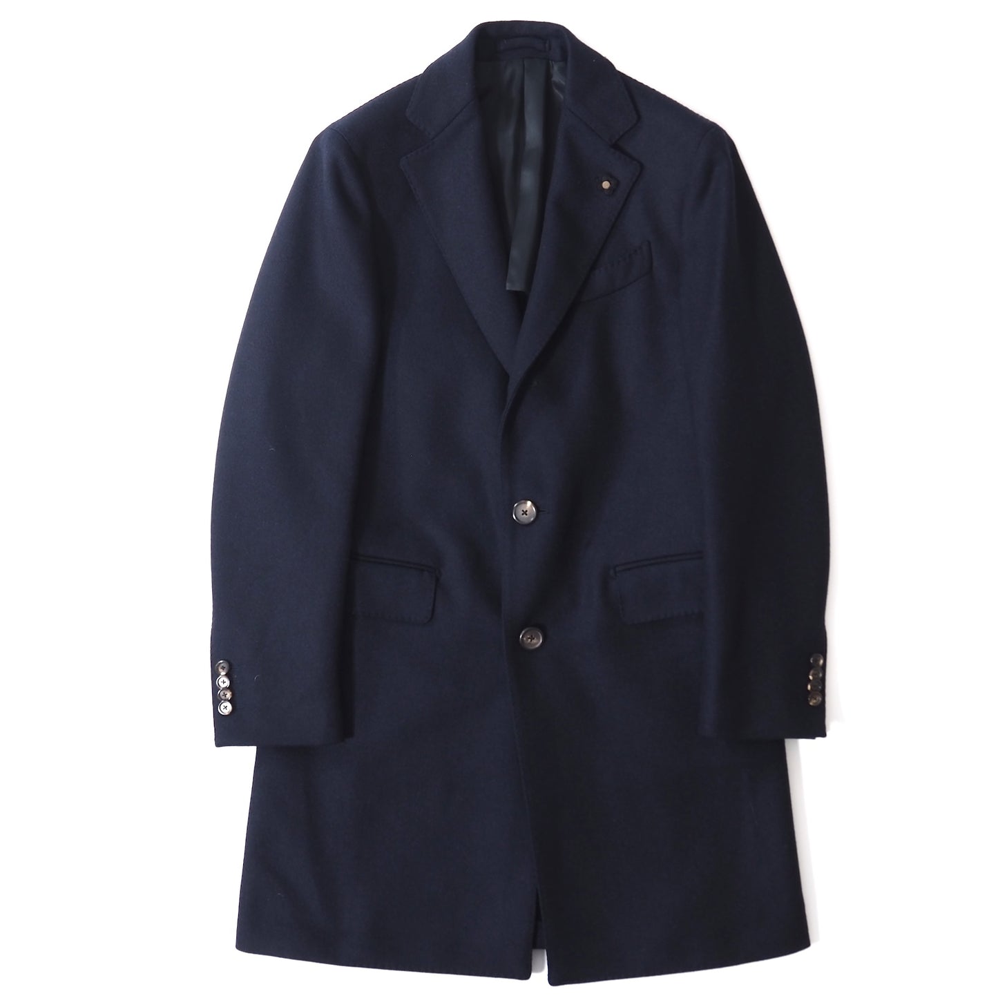 美品 ラルディーニ LARDINI イタリア製 ブートニエール付き ウール カシミヤ チェスター コート 46 ダークネイビー メンズ 正規品 5-ZF065