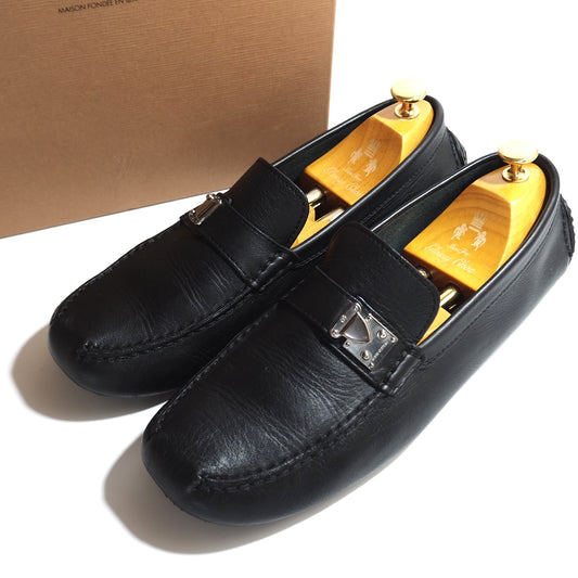 良品 ルイヴィトン Louis Vuitton レザー ドライビングシューズ ローファー 靴 9.5 27.5-28cm相当 ブラック メンズ 正規品 5-ZF085