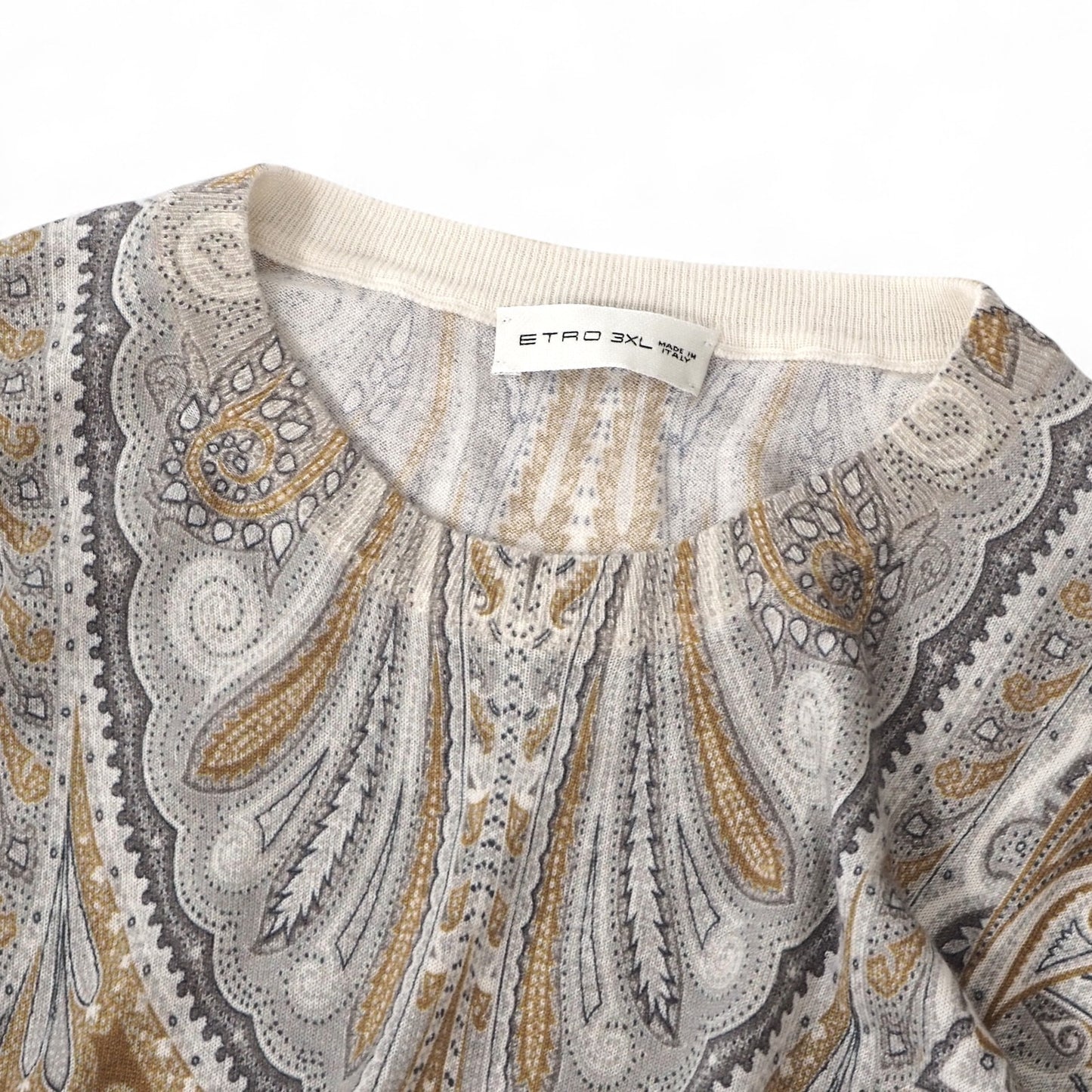 美品 エトロ ETRO シルク カシミヤ ペイズリー柄 クルーネック 長袖 セーター ニット 3XL グレー オークル メンズ 正規品 5-ZF095