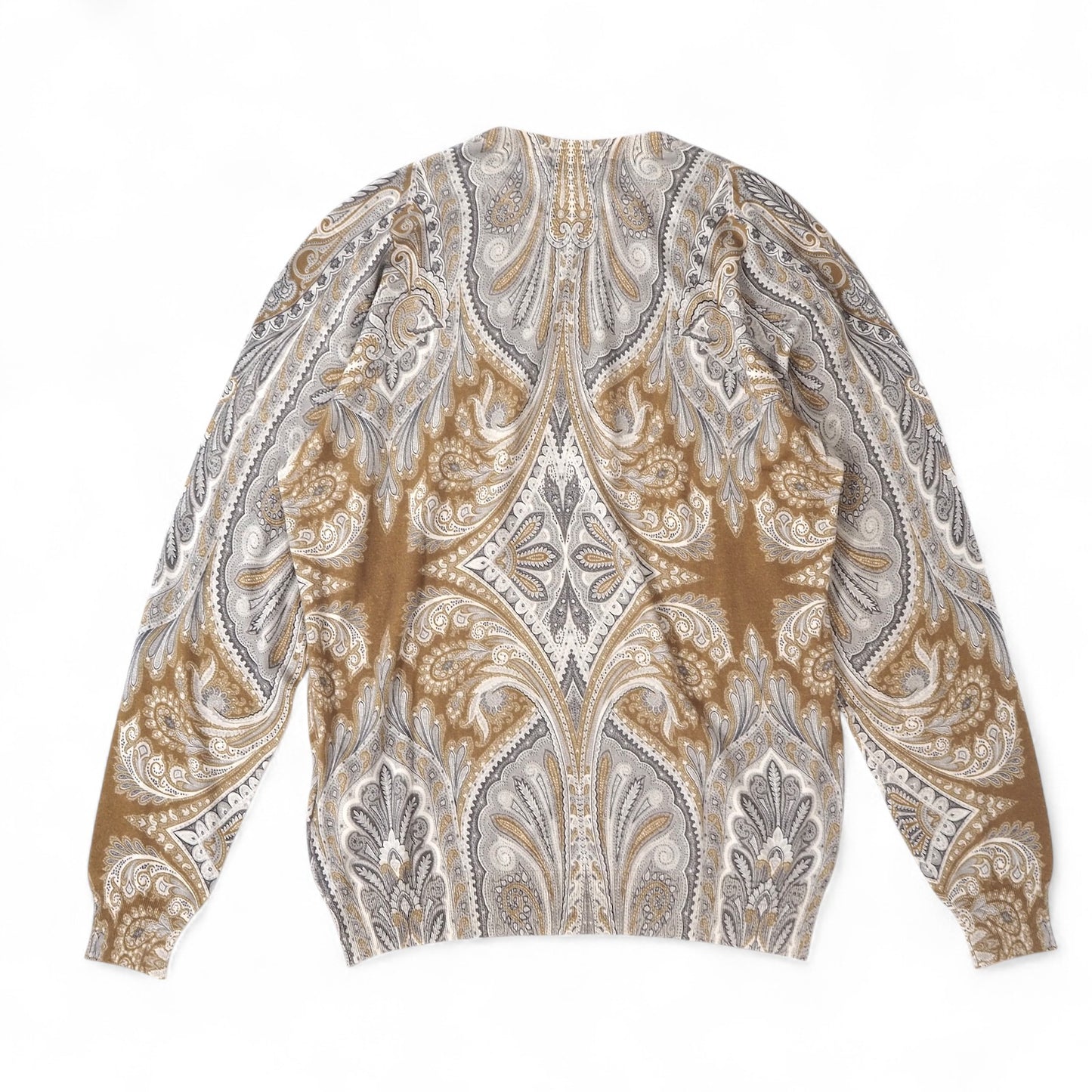 美品 エトロ ETRO シルク カシミヤ ペイズリー柄 クルーネック 長袖 セーター ニット 3XL グレー オークル メンズ 正規品 5-ZF095