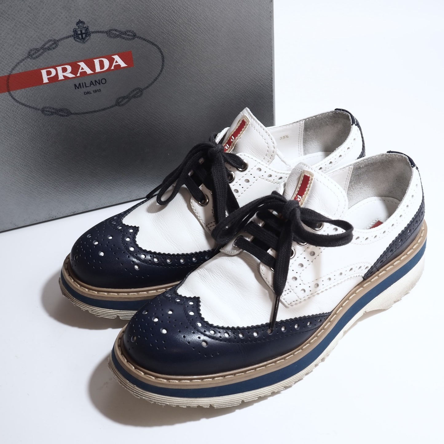 プラダ PRADA レザー シューズ 靴 35 1/2 ホワイト ネイビー レディース 正規品 5-ZG018