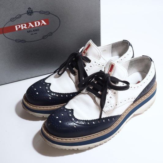 プラダ PRADA レザー シューズ 靴 35 1/2 ホワイト ネイビー レディース 正規品 5-ZG018