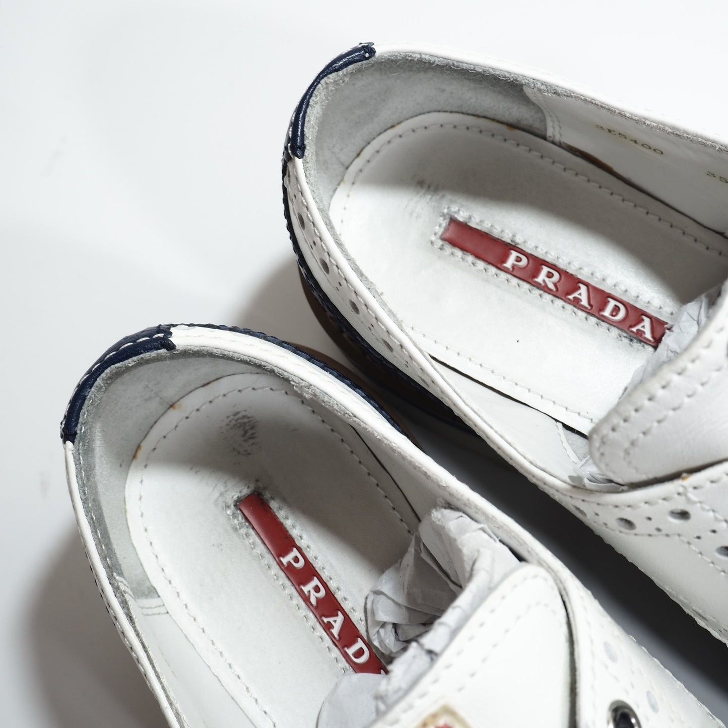 プラダ PRADA レザー シューズ 靴 35 1/2 ホワイト ネイビー レディース 正規品 5-ZG018