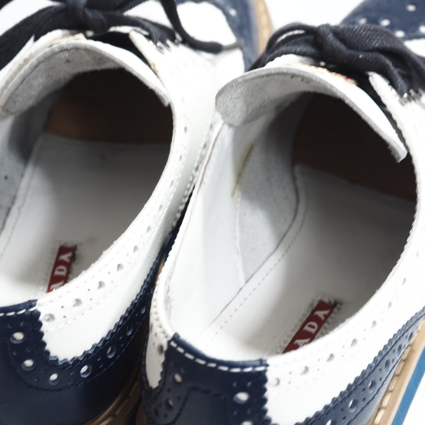 プラダ PRADA レザー シューズ 靴 35 1/2 ホワイト ネイビー レディース 正規品 5-ZG018