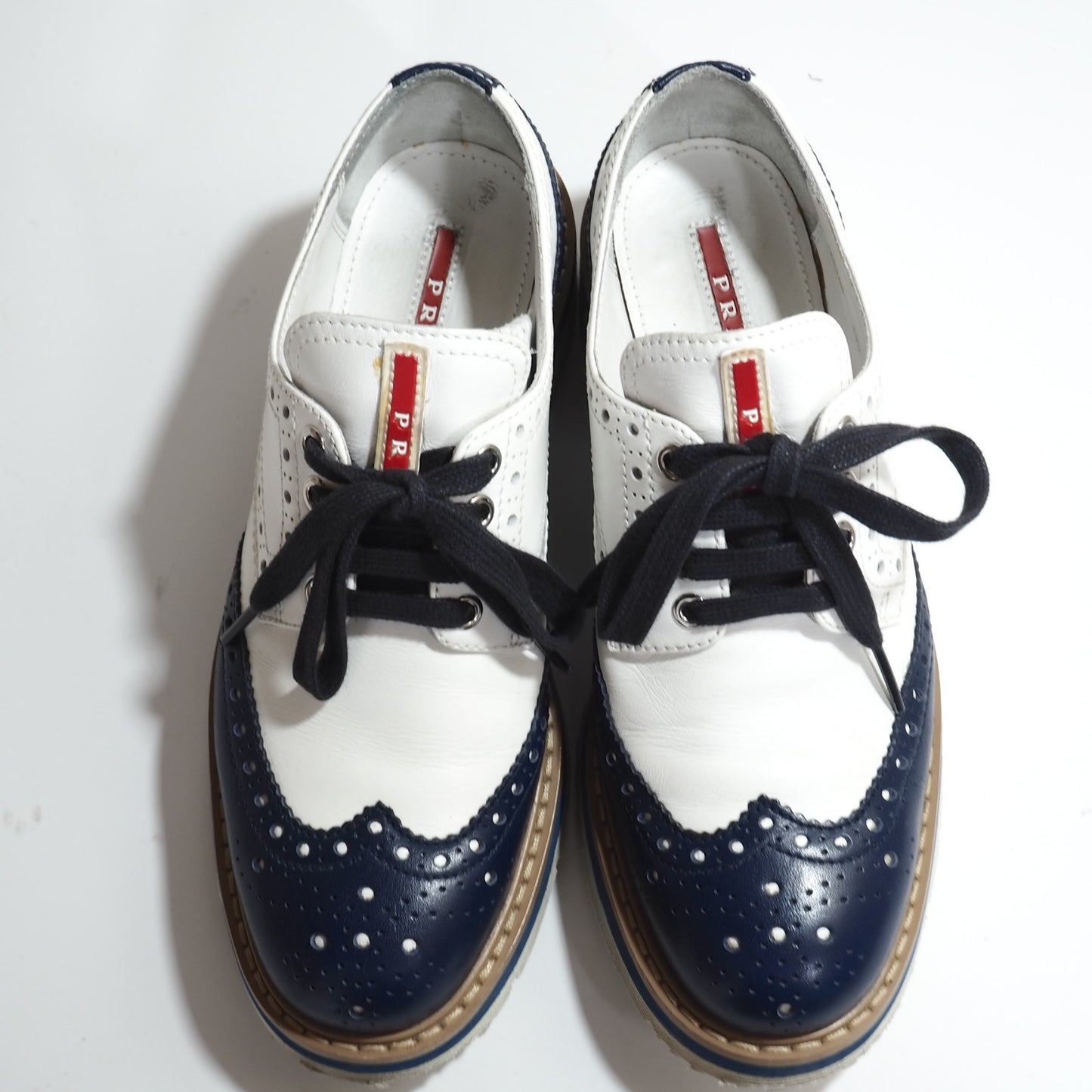 プラダ PRADA レザー シューズ 靴 35 1/2 ホワイト ネイビー レディース 正規品 5-ZG018