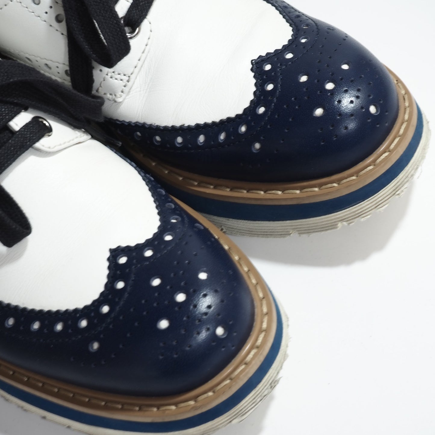 プラダ PRADA レザー シューズ 靴 35 1/2 ホワイト ネイビー レディース 正規品 5-ZG018
