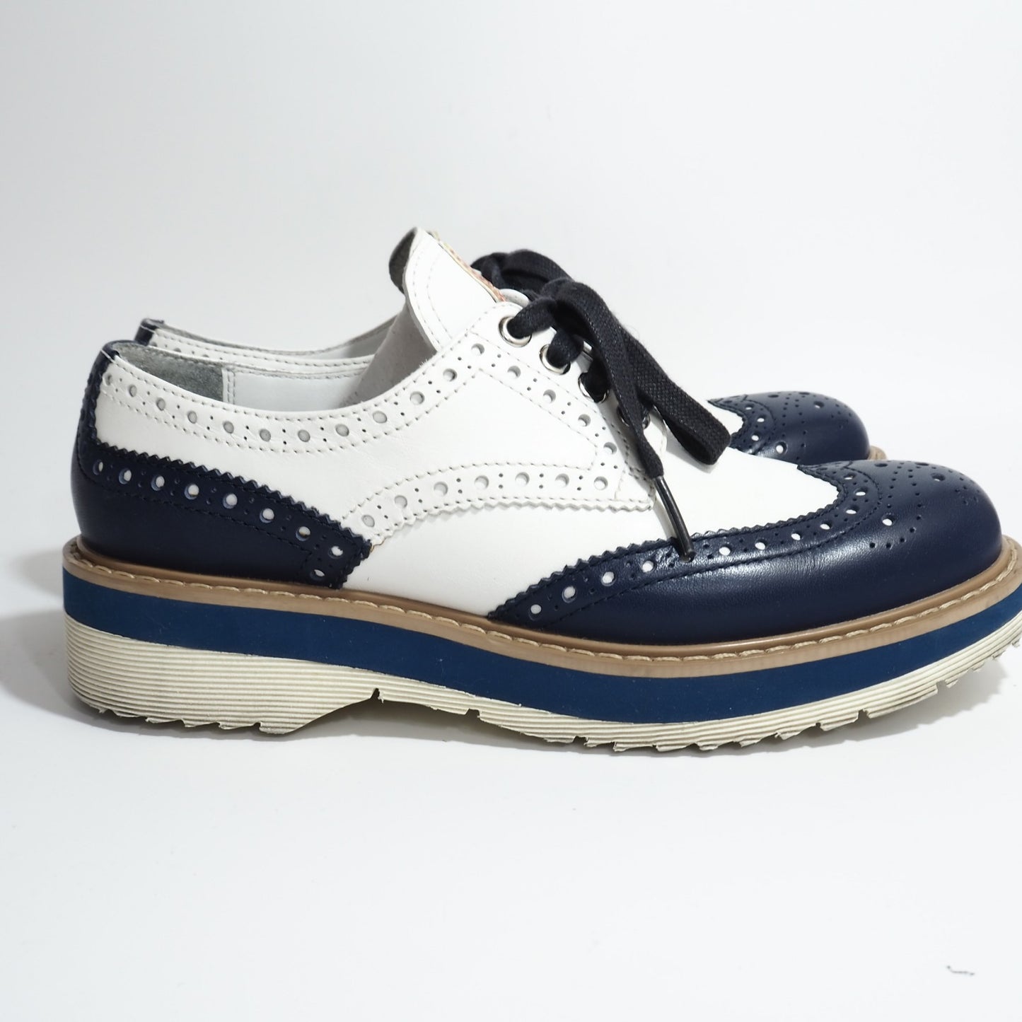 プラダ PRADA レザー シューズ 靴 35 1/2 ホワイト ネイビー レディース 正規品 5-ZG018