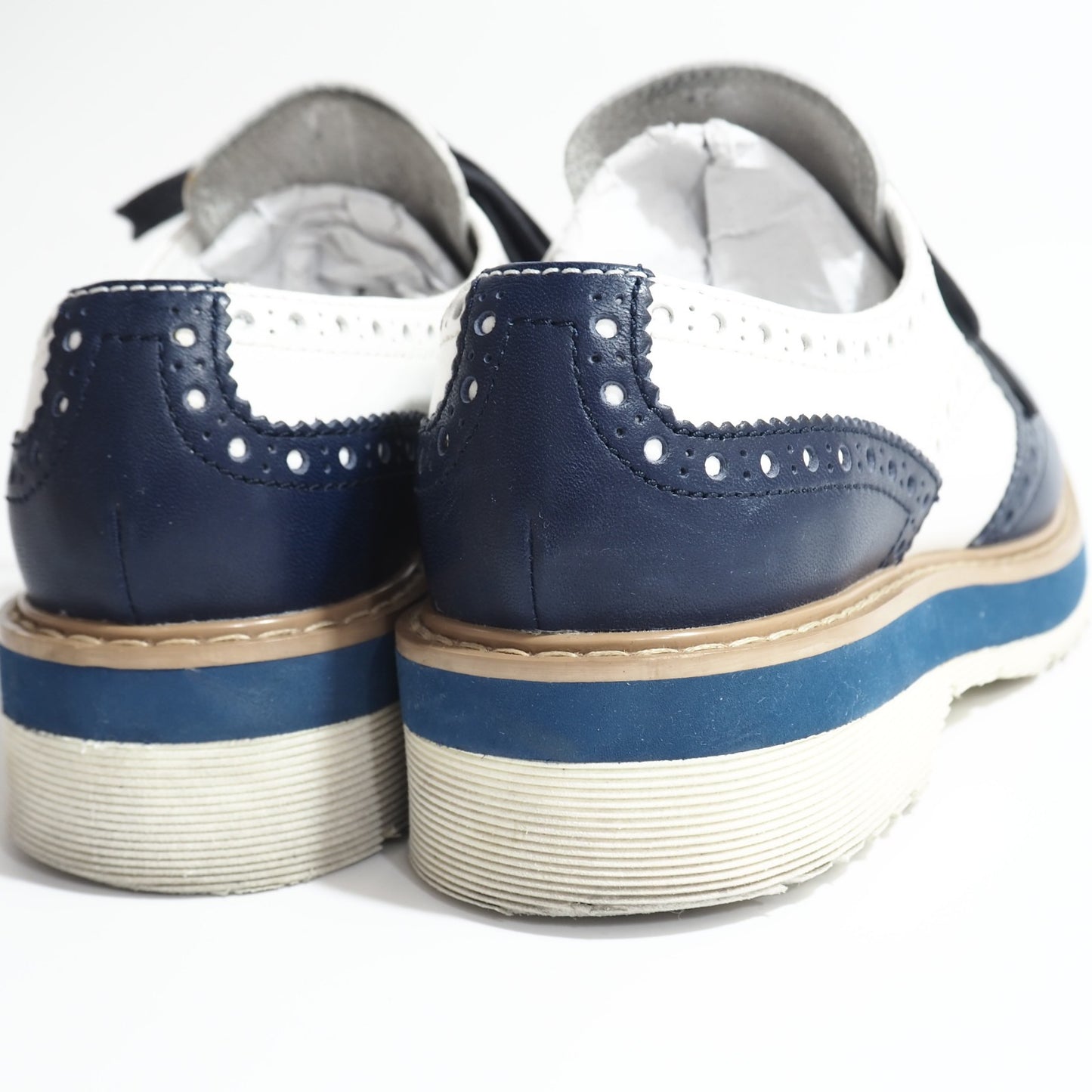 プラダ PRADA レザー シューズ 靴 35 1/2 ホワイト ネイビー レディース 正規品 5-ZG018