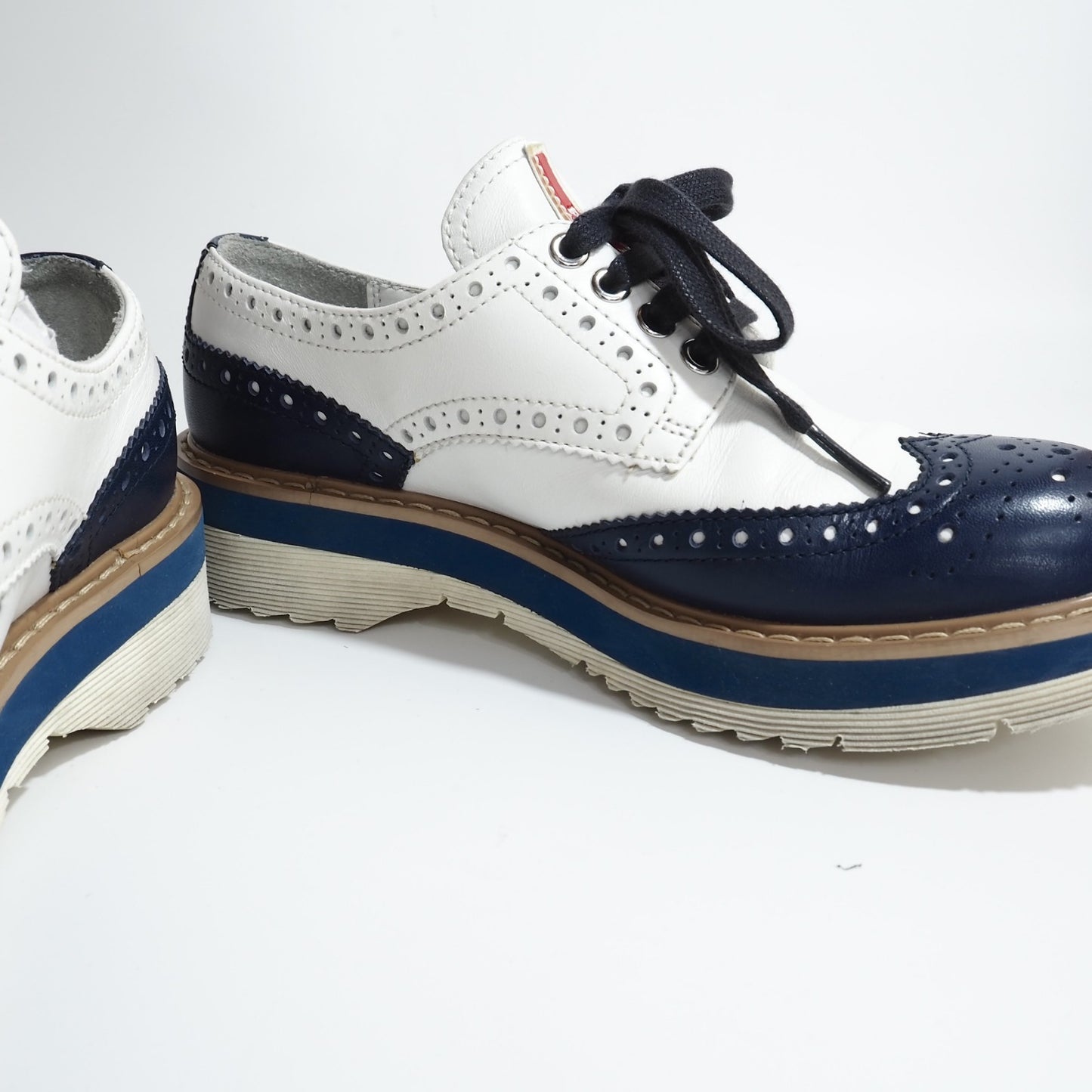 プラダ PRADA レザー シューズ 靴 35 1/2 ホワイト ネイビー レディース 正規品 5-ZG018