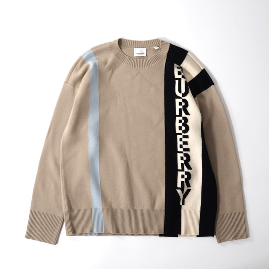 良品 バーバリー BURBERRY 現行 ウール クルーネック ニット セーター S ベージュ メンズ 正規品 5-ZG087