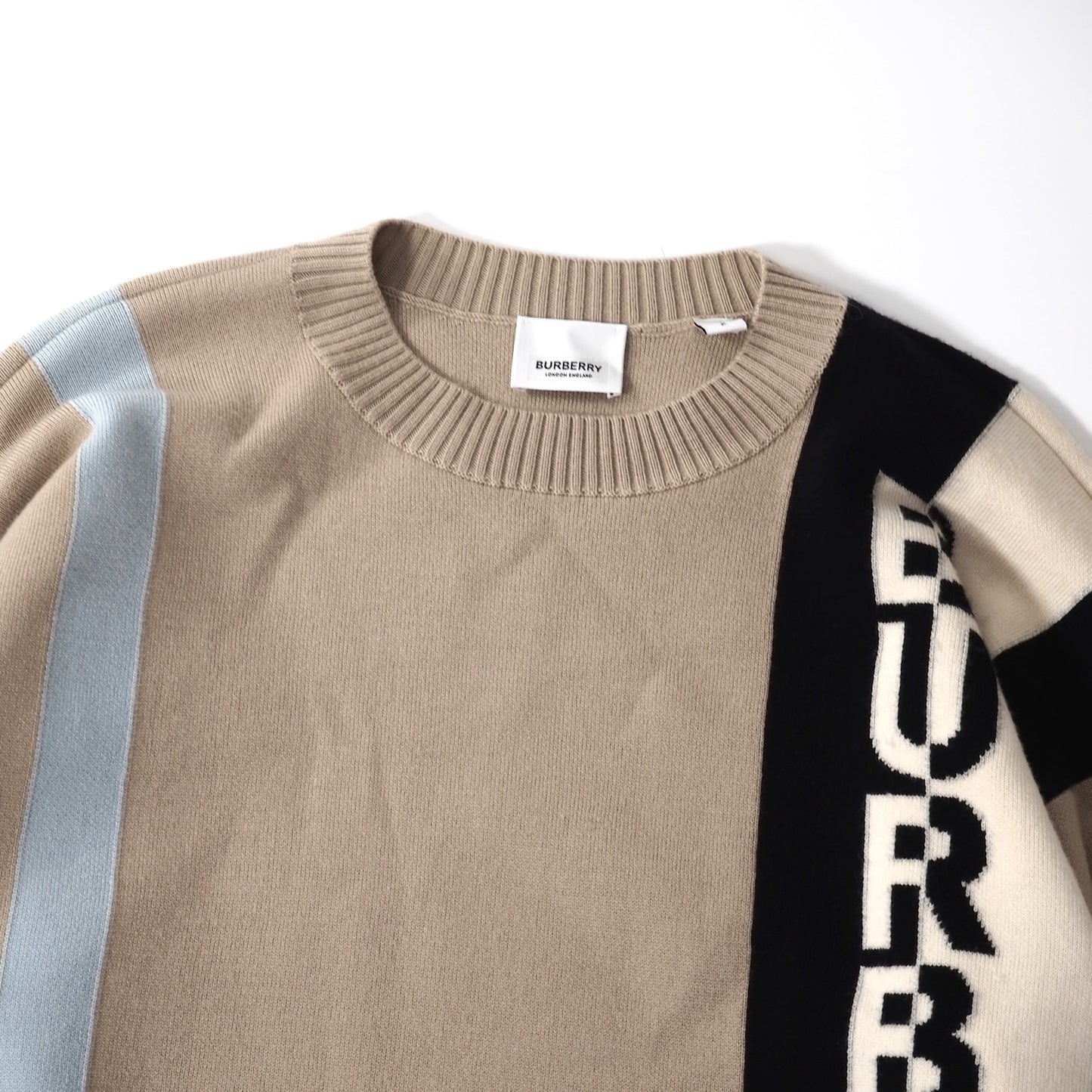 良品 バーバリー BURBERRY 現行 ウール クルーネック ニット セーター S ベージュ メンズ 正規品 5-ZG087