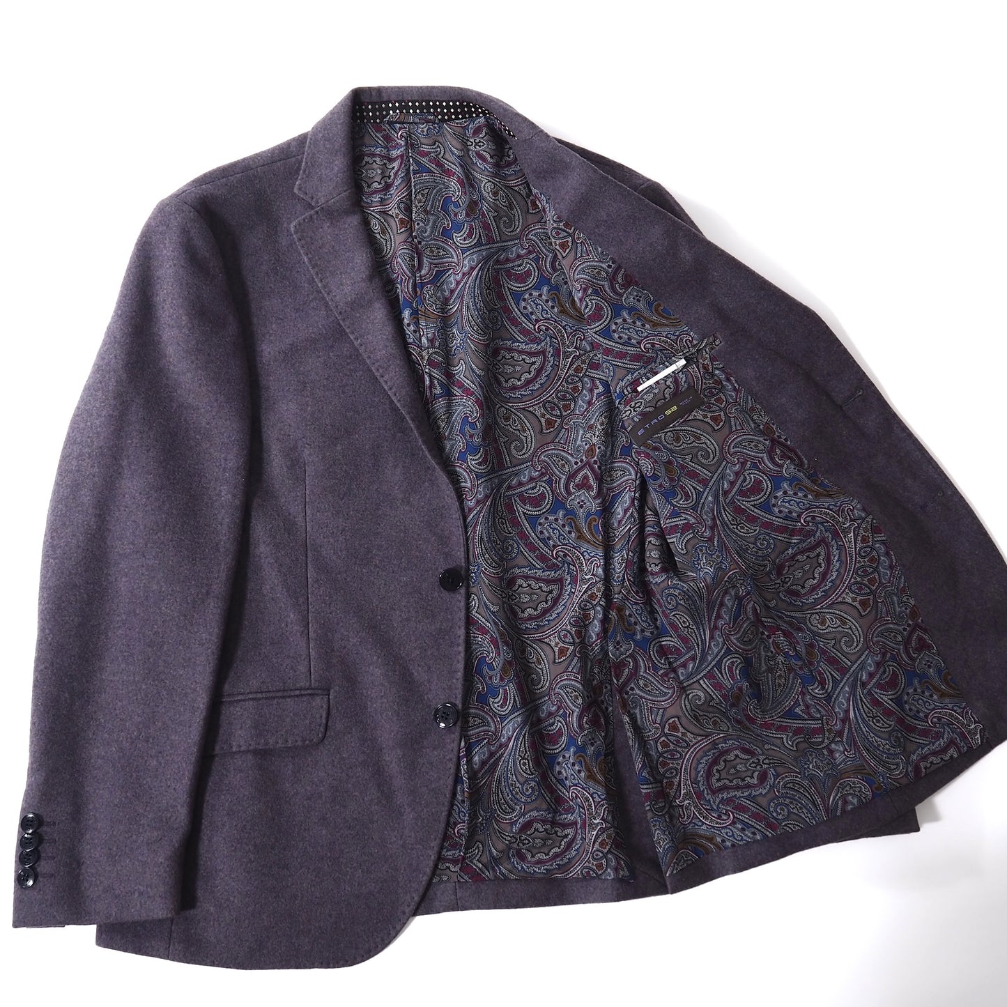 極美品 エトロ ETRO ウール カシミヤ 裏地ペイズリー ジャケット 52 パープル メンズ 正規品 5-ZG088