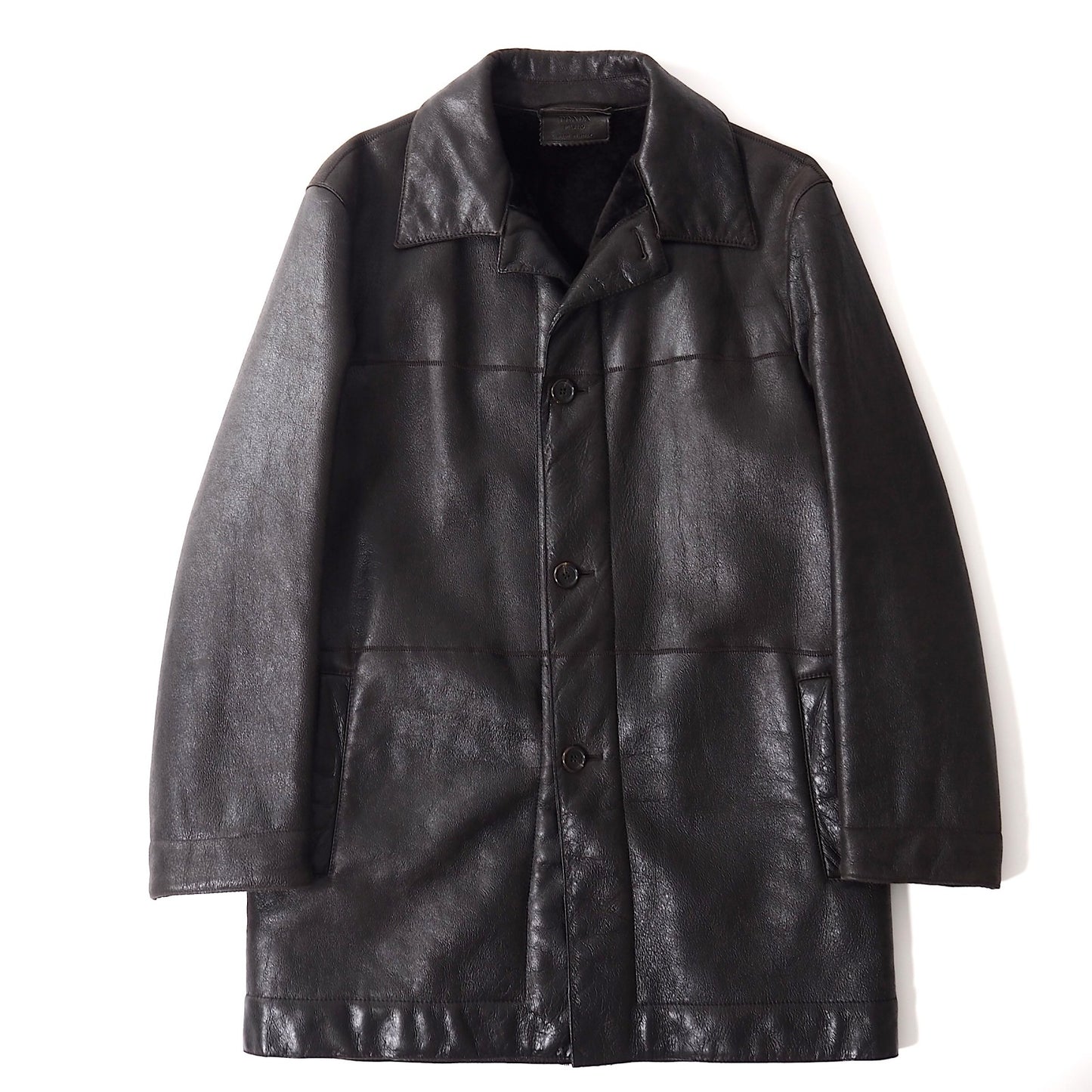 良品 プラダ PRADA ヴィンテージ シープスキン ムートン レザージャケット 48 ダークブラウン メンズ 正規品 5-ZI005